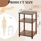Set of 2 Side Tables 3-Tier Small End Table with Storage Shelf, Modern Bedside Nightstand for Living Room, Bedroom, Office and Small Spaces(Square,Rustic Brown)