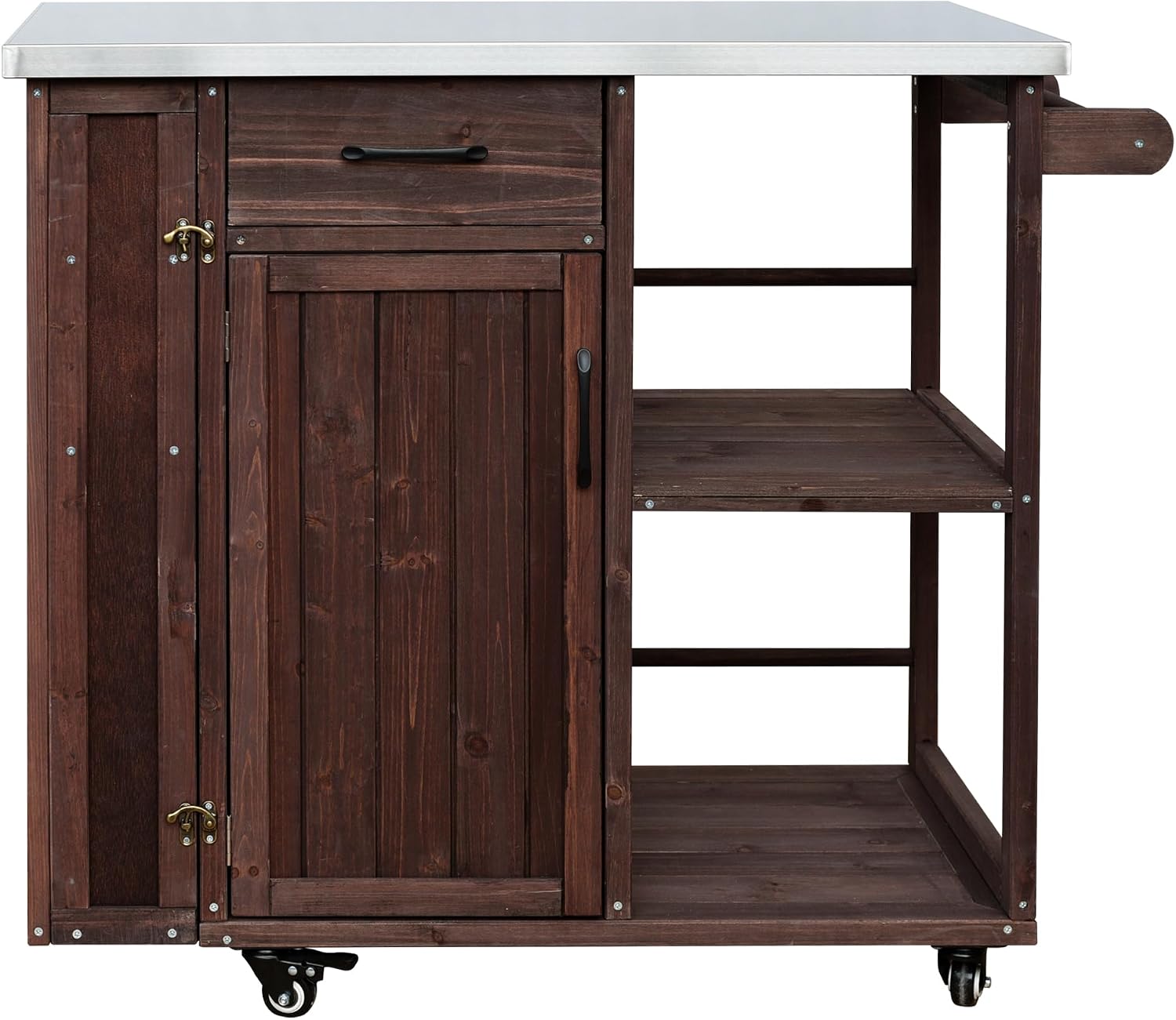 40 Natural Fir Wood Garden Table for Planting, Planter Bench with Stainless Top, Outdoor Storage Cabinets with Lockable Wheels for Backyard Gardening, Dark Brown