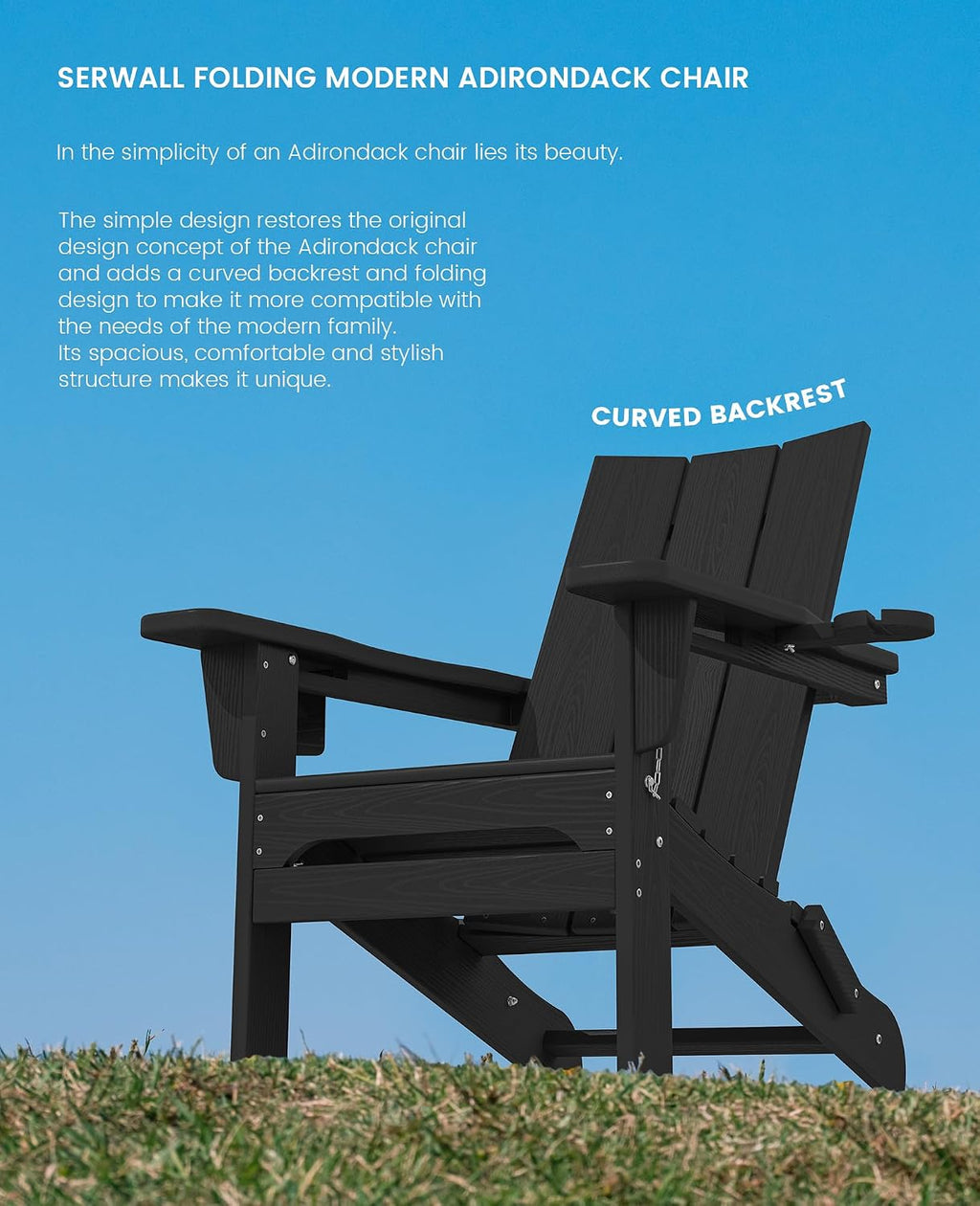 SERWALL Double Cups Adirondack Chair Set of 4, Folding Modern Adirondack Chairs, HDPE Outdoor Adirondack Chair for Patio, Black
