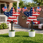 2 Pack Star Topiary Trees for 4th of July Decoration, Outdoor Artificial Plant with Pot & Ground Spike, Front Porch Star Shaped Patriotic Decor w/4 USA Flags, for Memorial Day Independence Day