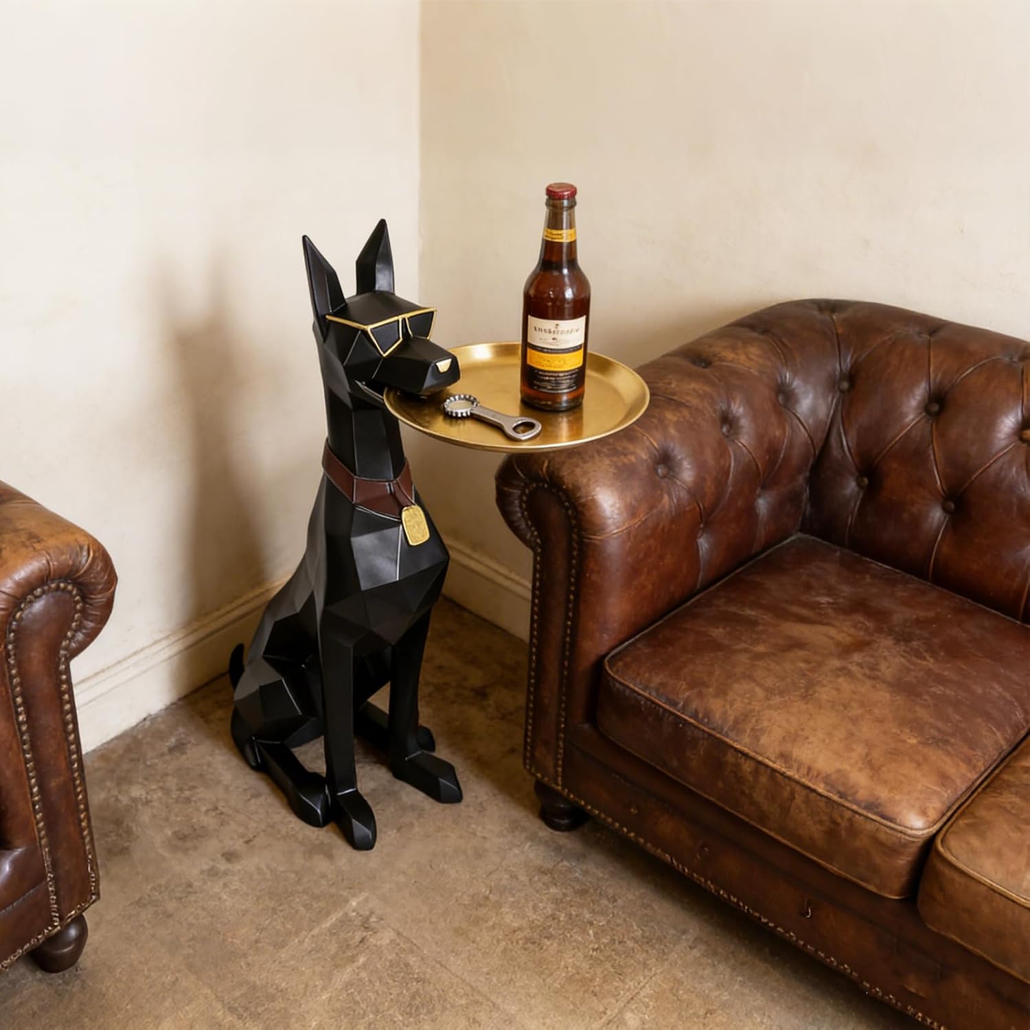 29in Geometric Dog Accent Table with Tray Butler Statue Animal Side Table for Modern Home Decor Dog Butler Statue with Tray Animal Accent Table for Living Room, Bedroom, Study, Patio (Black)
