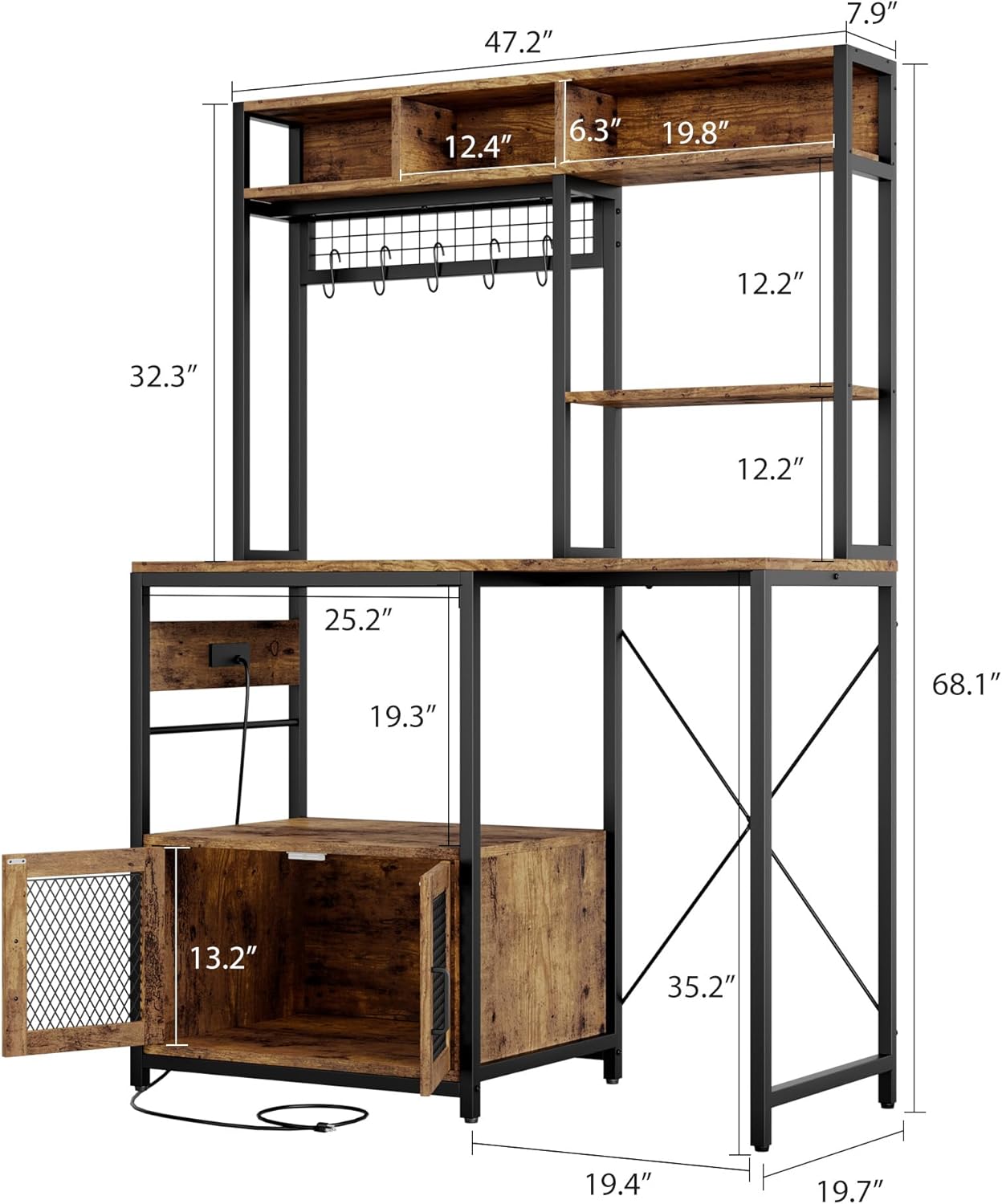 Garvee Microwave Stand with Fridge Stand, Industrial Kitchen Shelf with Power Outlet, Freestanding Kitchen Storage for Pantry Living Room, 47.2 x 19.7 x 68.1 Inches, Rustic Brown