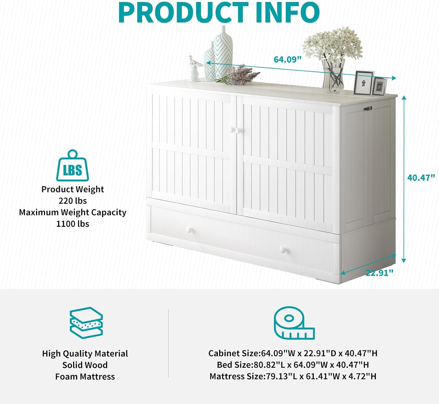 BALUS Queen Murphy Bed, Cabinet Murphy Bed with 2 Storage Drawers-White | USB Charing Station, Spacious Drawer, Space Saving, Queen Bed Frame