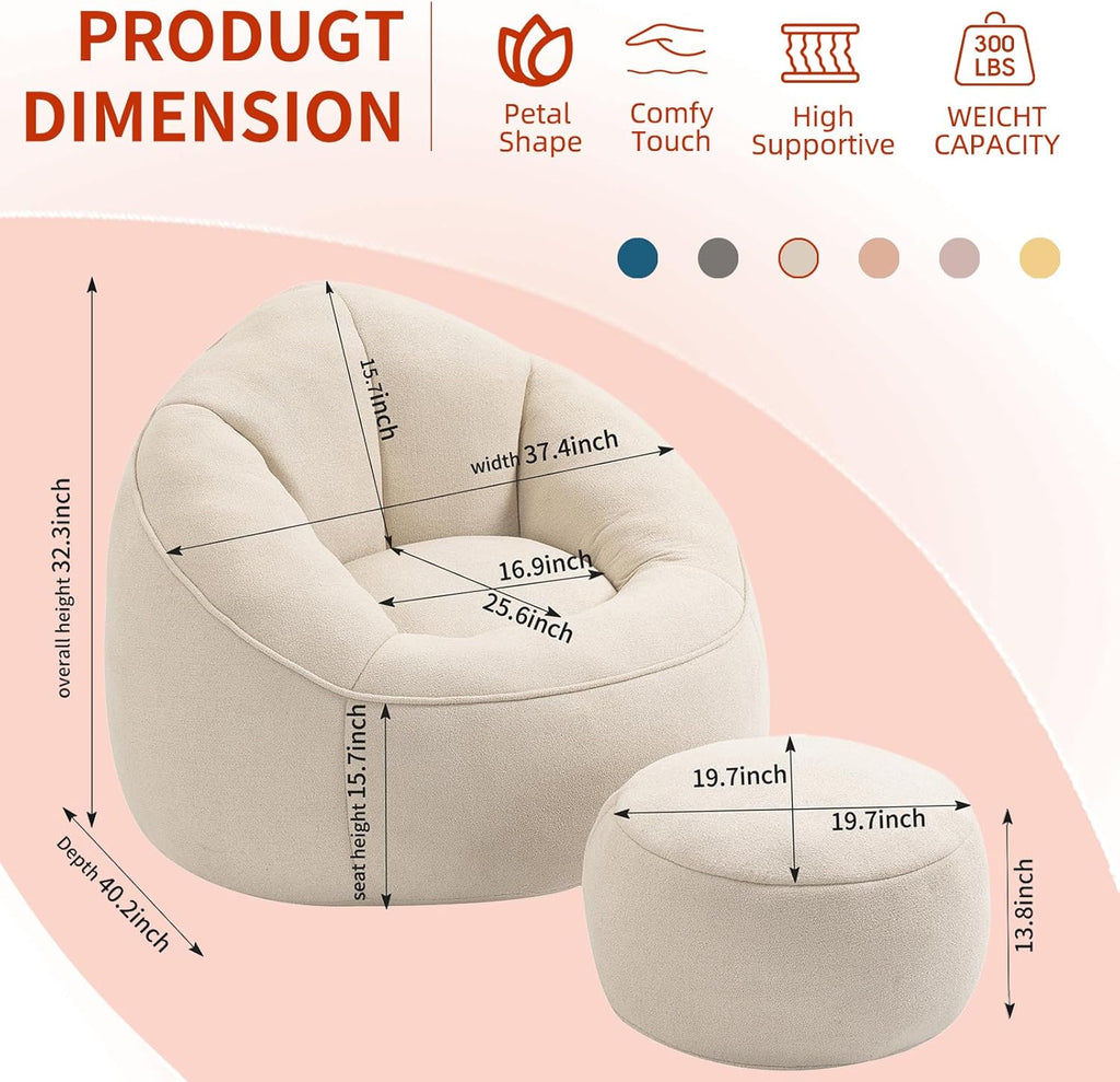 Bean Bag Chairs, Gaint Bean Bag Couch with Memory Foam for Adults and Kids, Microfiber Upholstered Sofa with Ottoman, Comfy Lazy Bean Bag Reading Chair for Living Room