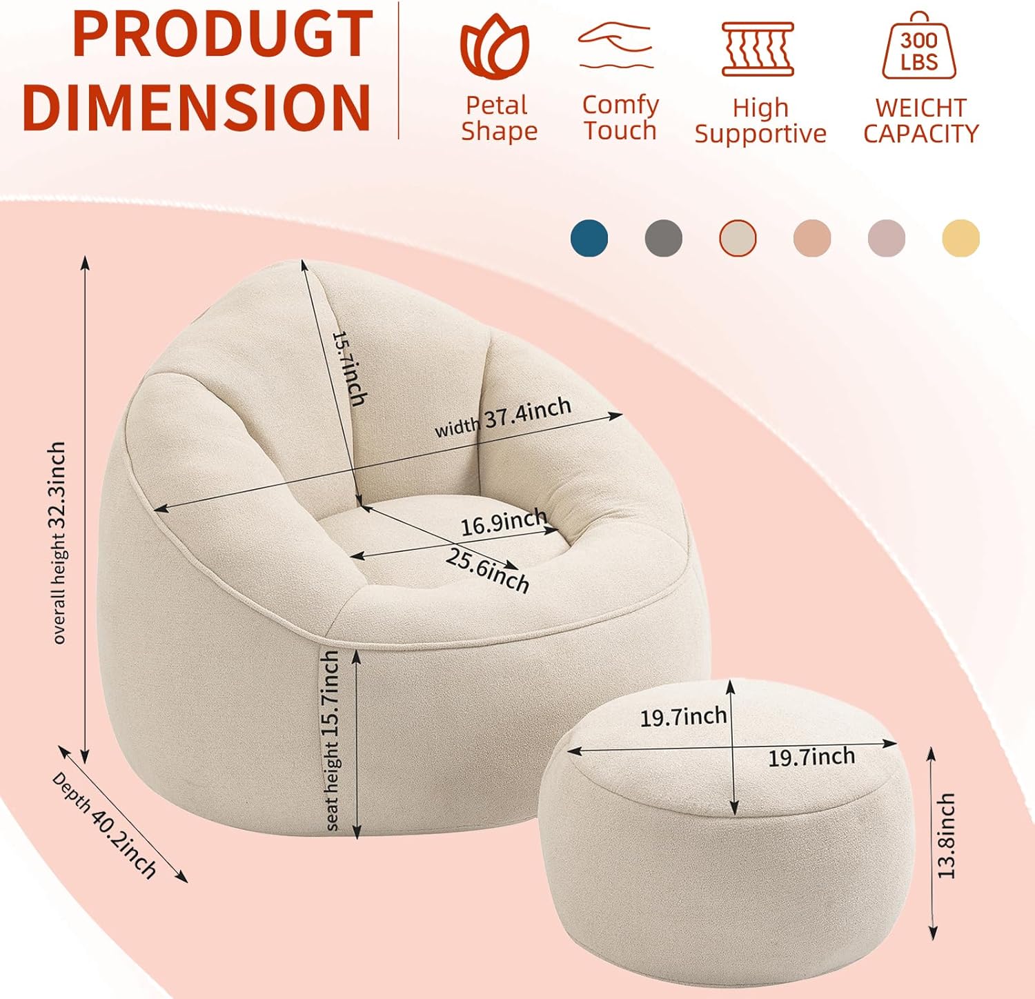 Bean Bag Chairs, Gaint Bean Bag Couch with Memory Foam for Adults and Kids, Microfiber Upholstered Sofa with Ottoman, Comfy Lazy Bean Bag Reading Chair for Living Room