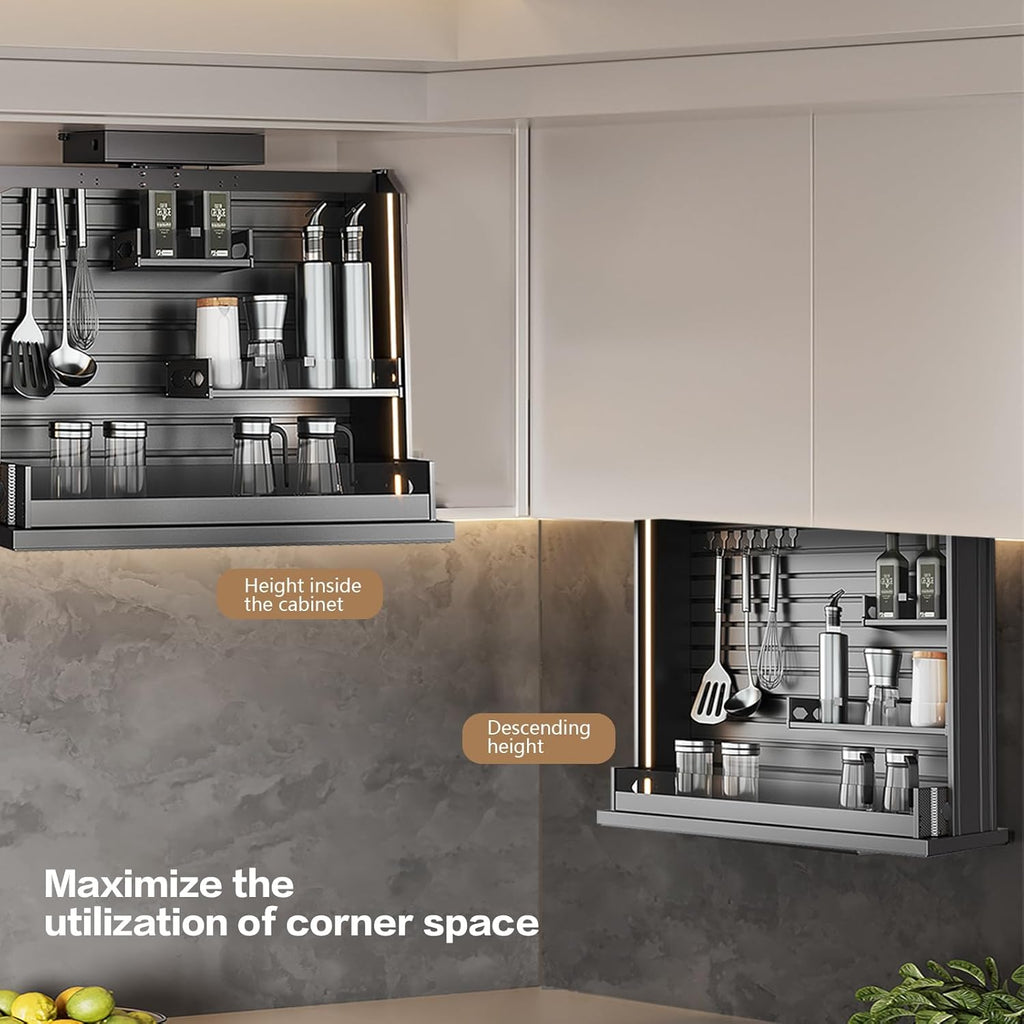 18" Touch Switch Motorized Cabinet Organizer, Electric Pull Down Shelf for Upper Cabinets, Anti-Collision Spice Rack,Smart Kitchen and Pantry Organization 18" Width Cabinet
