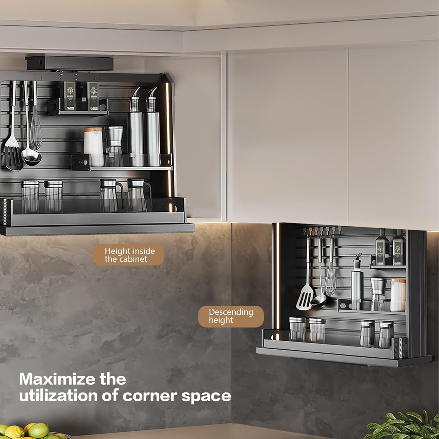 18" Touch Switch Motorized Cabinet Organizer, Electric Pull Down Shelf for Upper Cabinets, Anti-Collision Spice Rack,Smart Kitchen and Pantry Organization 18" Width Cabinet