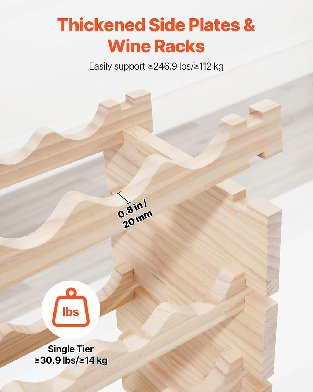 VEVOR 96 Bottle Stackable Modular Wine Rack, 8-Tier Wine Bottle Holder,Solid Wood Floor Freestanding Wine Storage Rack for Pinot Noir Bottles,for Kitchen, Cellar, and Bar, Natural