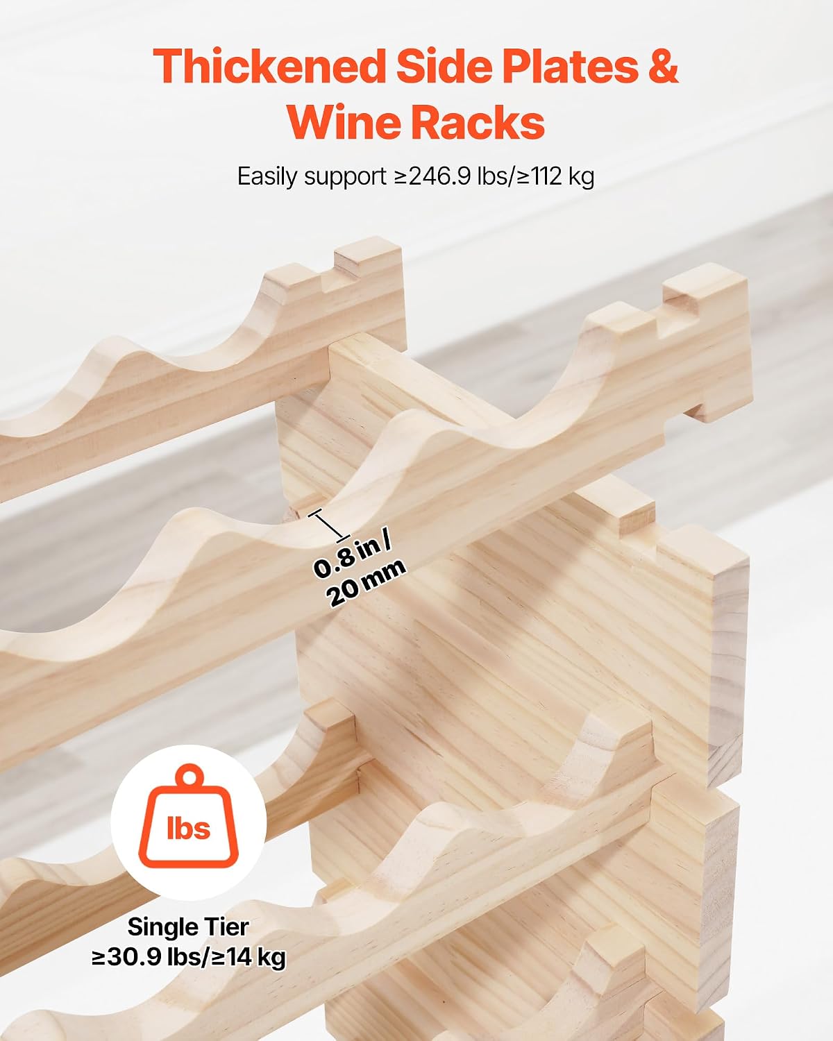 VEVOR 96 Bottle Stackable Modular Wine Rack, 8-Tier Wine Bottle Holder,Solid Wood Floor Freestanding Wine Storage Rack for Pinot Noir Bottles,for Kitchen, Cellar, and Bar, Natural