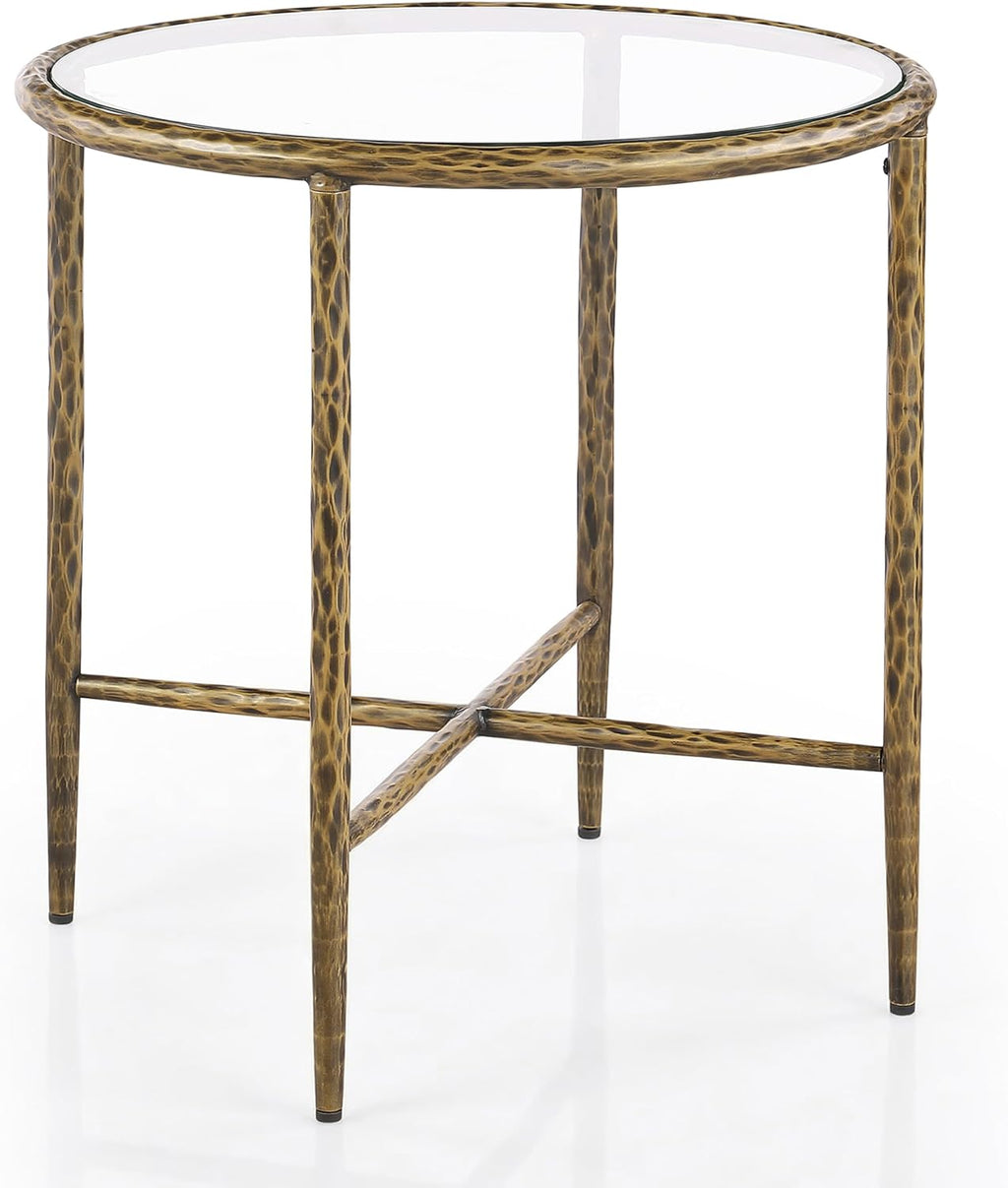 24/7 Shop at Home Lalia Modern Metal 22-inch Round End Tables Set of 2 with Tempered Glass Top, Forged Steel Base for Living Room, Matte Gold