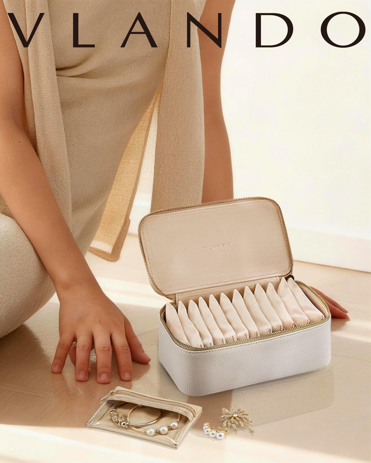 VLANDO Travel Jewelry Case,Jewelry Box with 12 Velvet Jewelry Pouch Jewelry Travel Organizer for Women Girl Jewelry Case Necklace Rings Earrings Bags Wedding Gifts (White)
