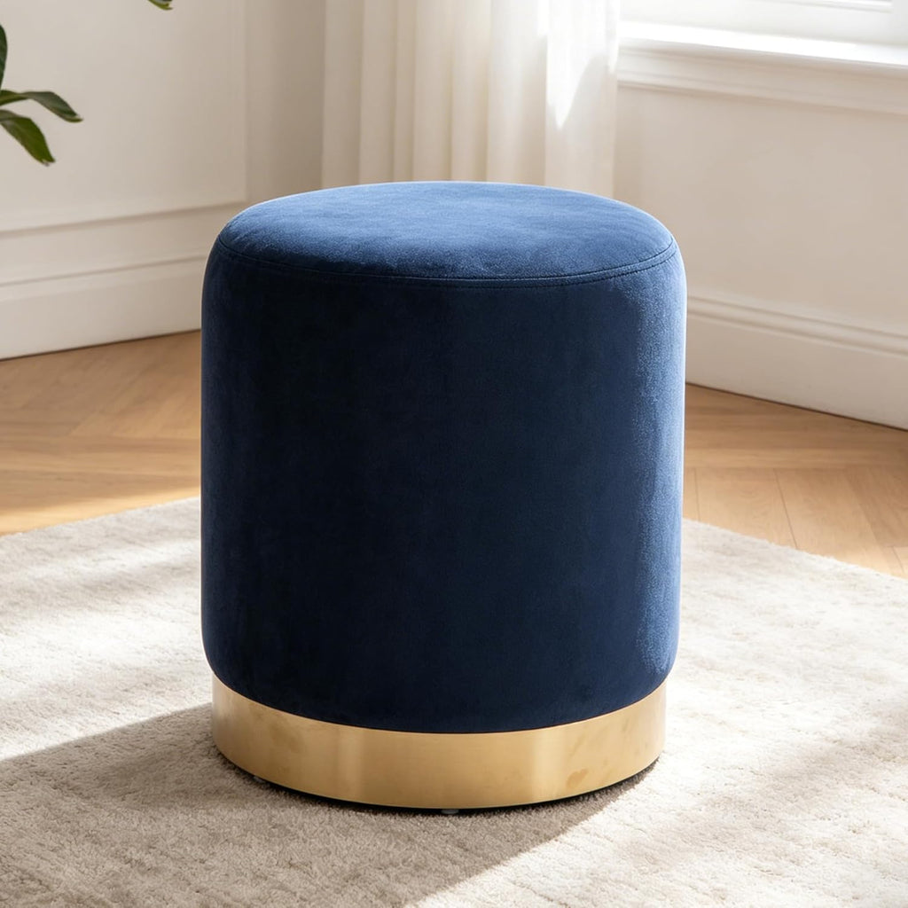 LSSBOUGHT Round Velvet Ottoman, 16" H Footrest Stool with Gold Metal Base, Modern Upholstered Vanity Stool for Living Room, Bedroom, Entryway (Blue, Set of 1)
