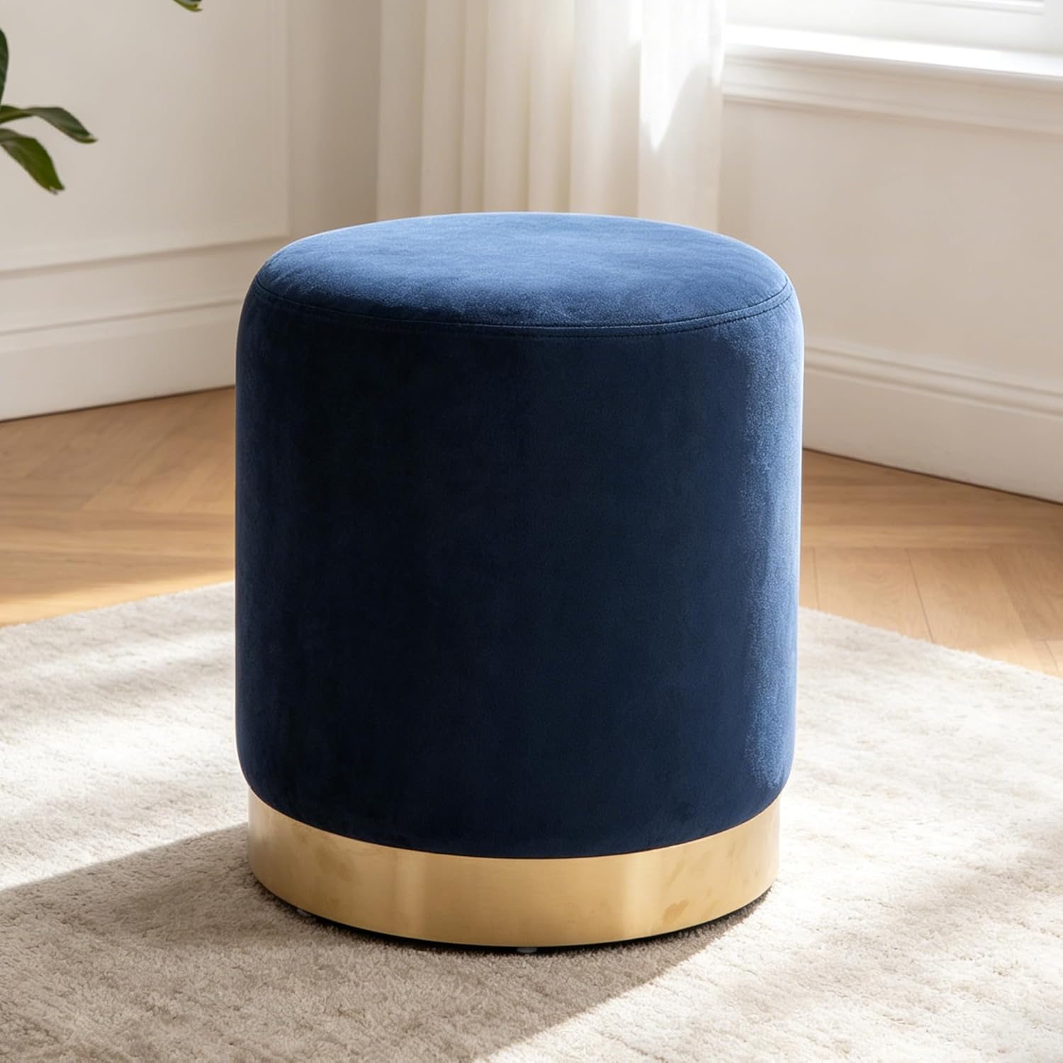 LSSBOUGHT Round Velvet Ottoman, 16" H Footrest Stool with Gold Metal Base, Modern Upholstered Vanity Stool for Living Room, Bedroom, Entryway (Blue, Set of 1)