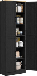 4-Door Farmhouse Freestanding Kitchen Pantry Cabinet with Flexible Adjustable Shelves, Distressed Black Finish and Contemporary Design