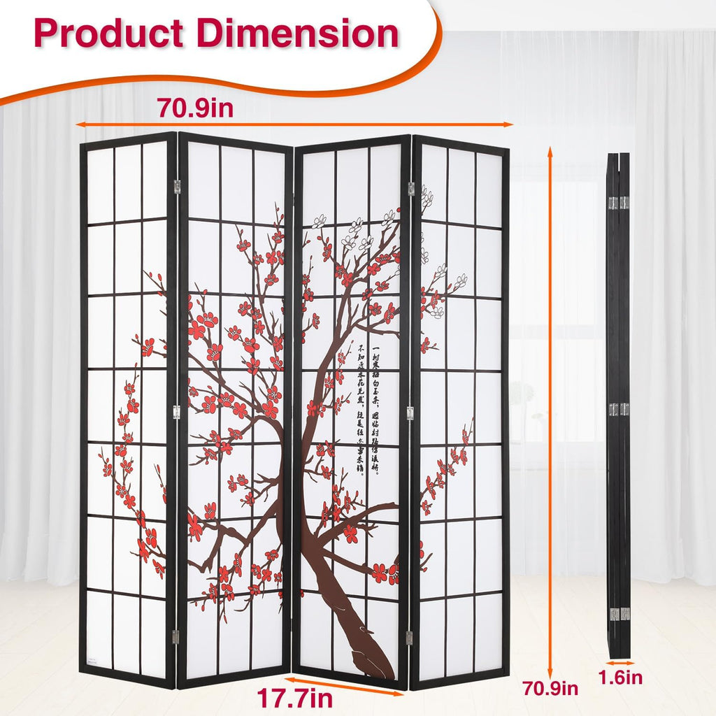 Room Divider,4 Panel Folding Privacy Divider Portable Room Separating Dividers Asian-Style Screen Wall Wood Dividers Tall Freestanding Partition Screen w/Floral Patterned