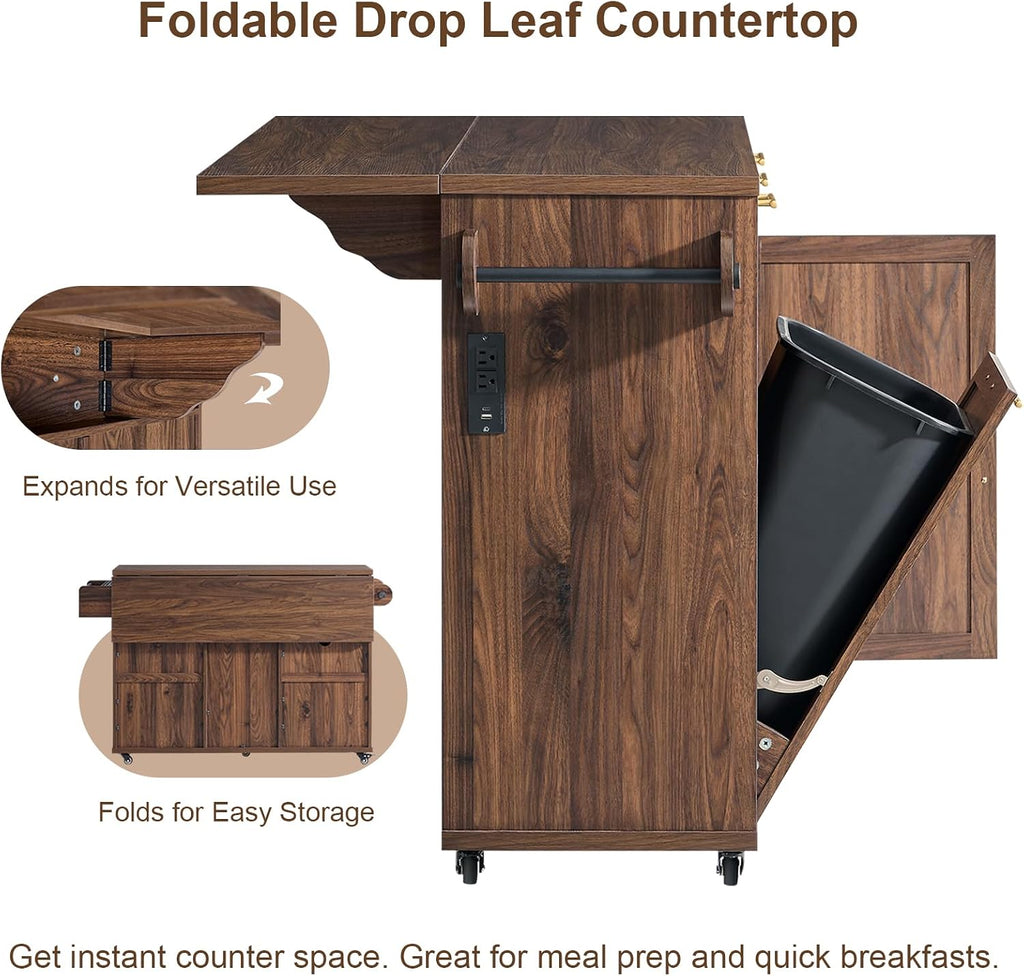 Okvnbjk 57" Rolling Kitchen Island with Storage & Drop Leaf, Walnut | Mobile Island with Trash Can Storage Cabinet, Power Outlet, Large Island Cart on Wheels with Spice & Towel Rack, Knife Holder