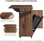 Okvnbjk 57" Rolling Kitchen Island with Storage & Drop Leaf, Walnut | Mobile Island with Trash Can Storage Cabinet, Power Outlet, Large Island Cart on Wheels with Spice & Towel Rack, Knife Holder