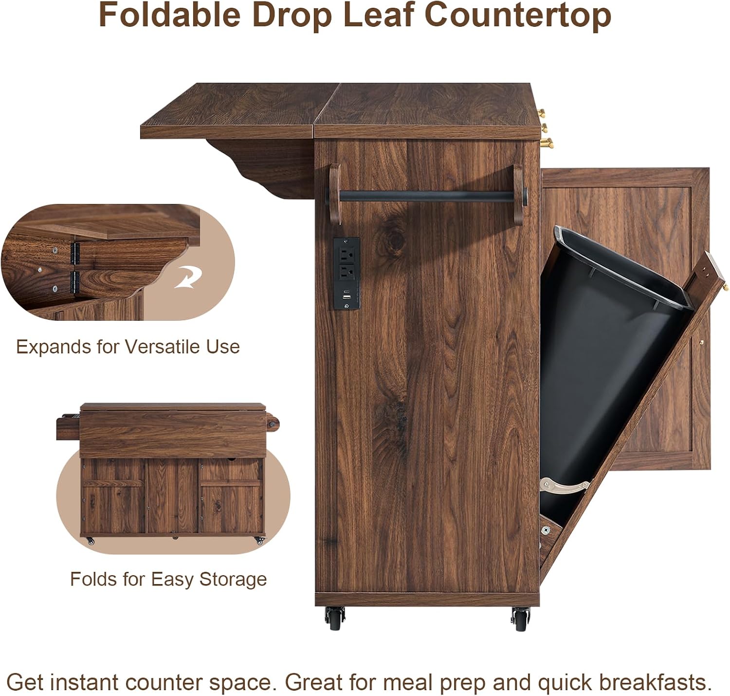 Okvnbjk 57" Rolling Kitchen Island with Storage & Drop Leaf, Walnut | Mobile Island with Trash Can Storage Cabinet, Power Outlet, Large Island Cart on Wheels with Spice & Towel Rack, Knife Holder