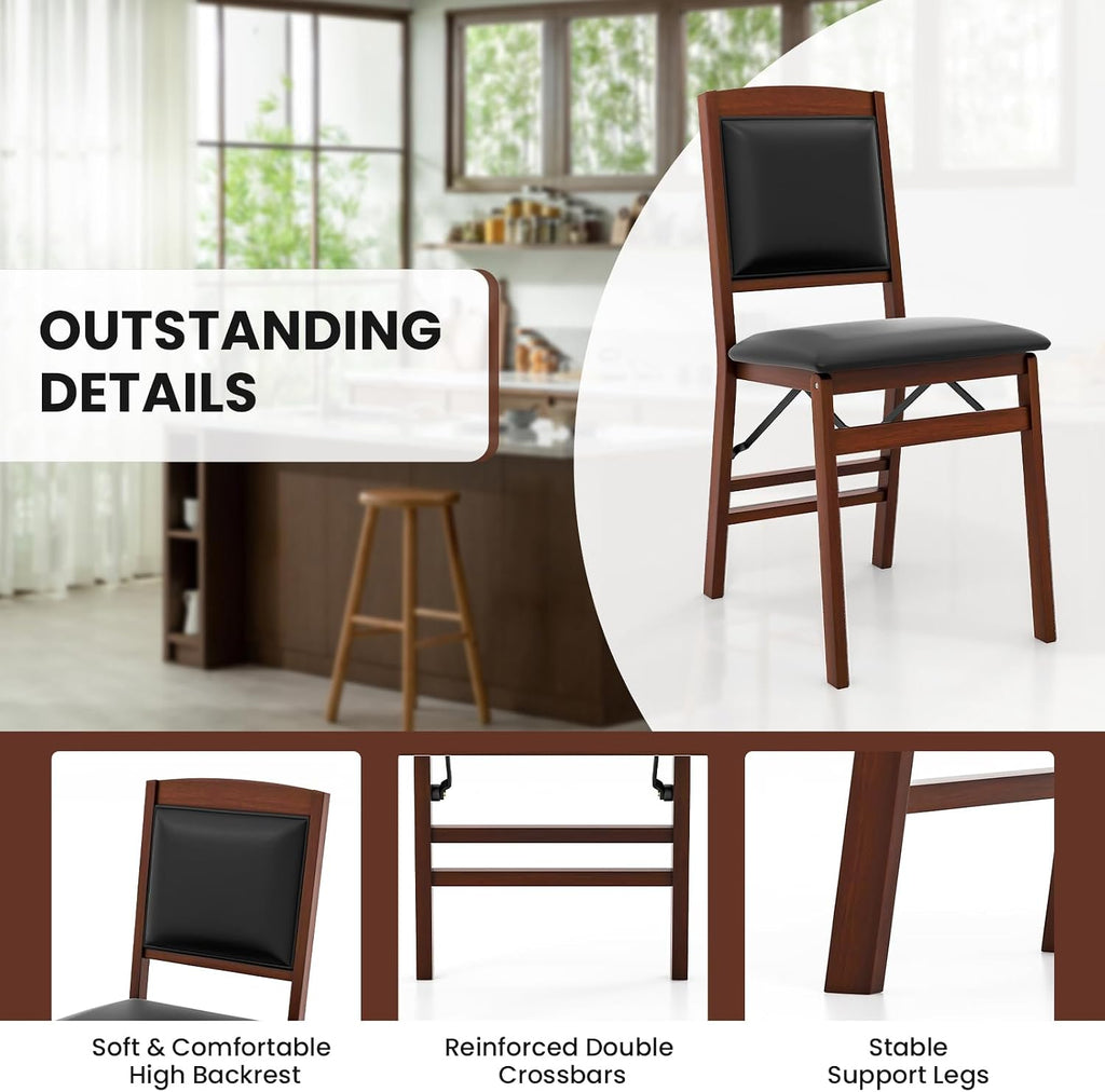 Wooden Folding Chairs Set of 2, Foldable Wood Chairs with Padded Seats, Solid Wood Frame, 400 lbs Weight Capacity, Space Saving Dining Chairs for Small Space, Guests Kitchen (2, Padded Back)