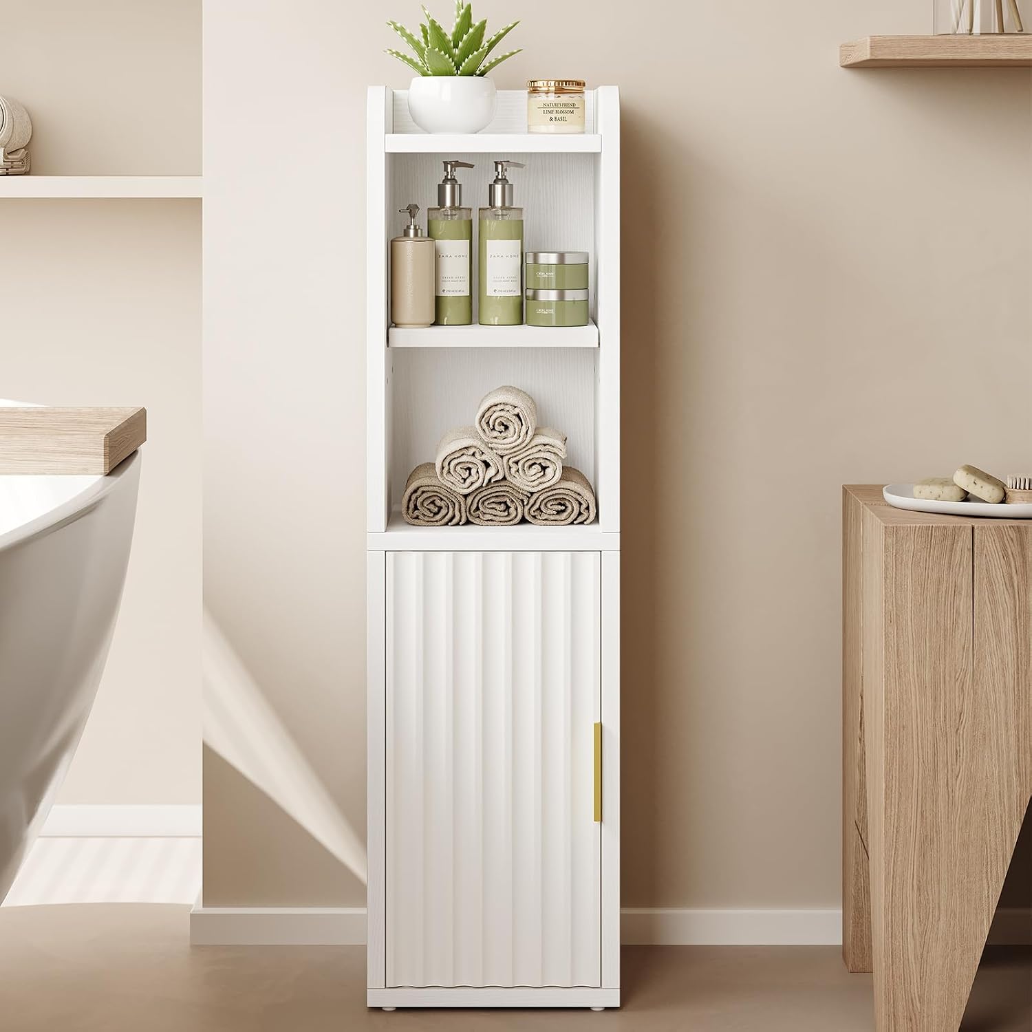 Yoobure Fluted Small Bathroom Storage Cabinet, Narrow Toilet Paper Cabinets | 7.9" D x 7.9" W, Wood Slim Corner Floor Cabinet with Door& Adjustable Shelf, Skinny Bathroom Organizer for Small Spaces,White