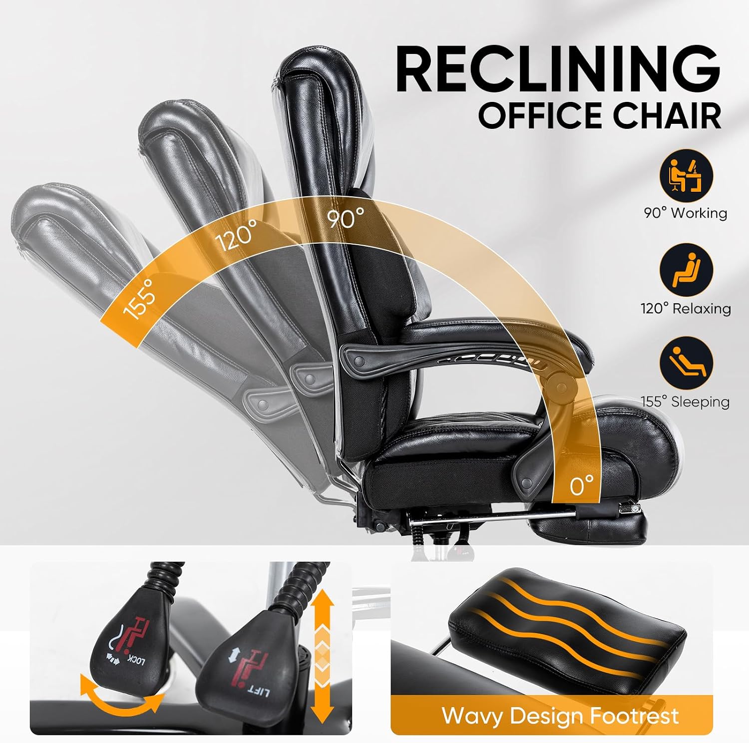 Big and Tall Executive Office Chair 500lbs Heavy Duty PU Leather Desk Chair, Adjustable Height 90°-155° Reclining High Back Computer Chair with Pull Out Footrest & Silent PU Casters for Home Office