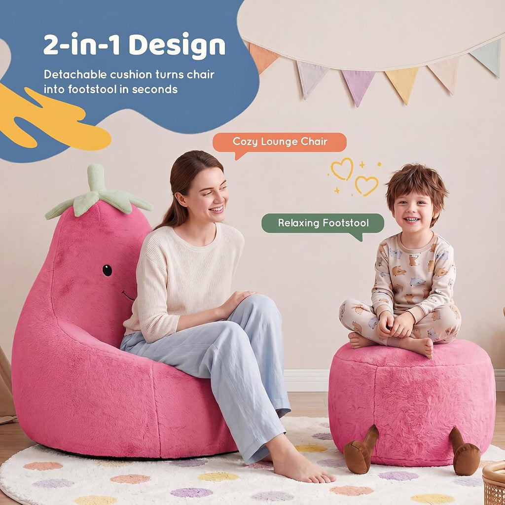 DUMOS 24" Kids Sofa, Stuffed Toddler Couch with Faux Rabbit Fur Cover for Teens & Kids, Comfy Lazy Sofa Chair for Reader, Living Room, Bedroom, Aged 4-12 Years Rose Red