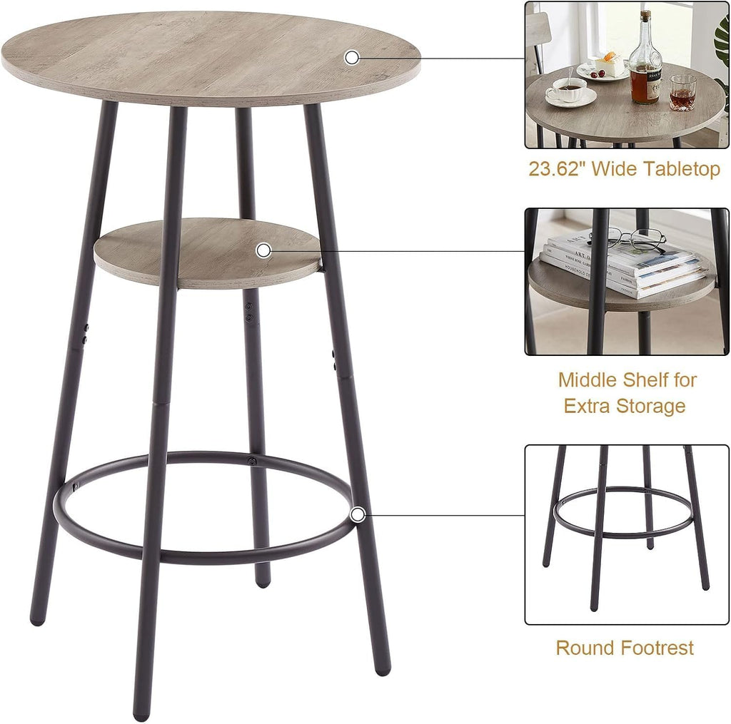 3-Piece Dining Table Set for 2, Small Round Kitchen Table with 2 Chairs, Counter Height Bar Table with Storage, Pub Table and PU Upholstery Stools for Small Space, Apartment, Bistro-Grey