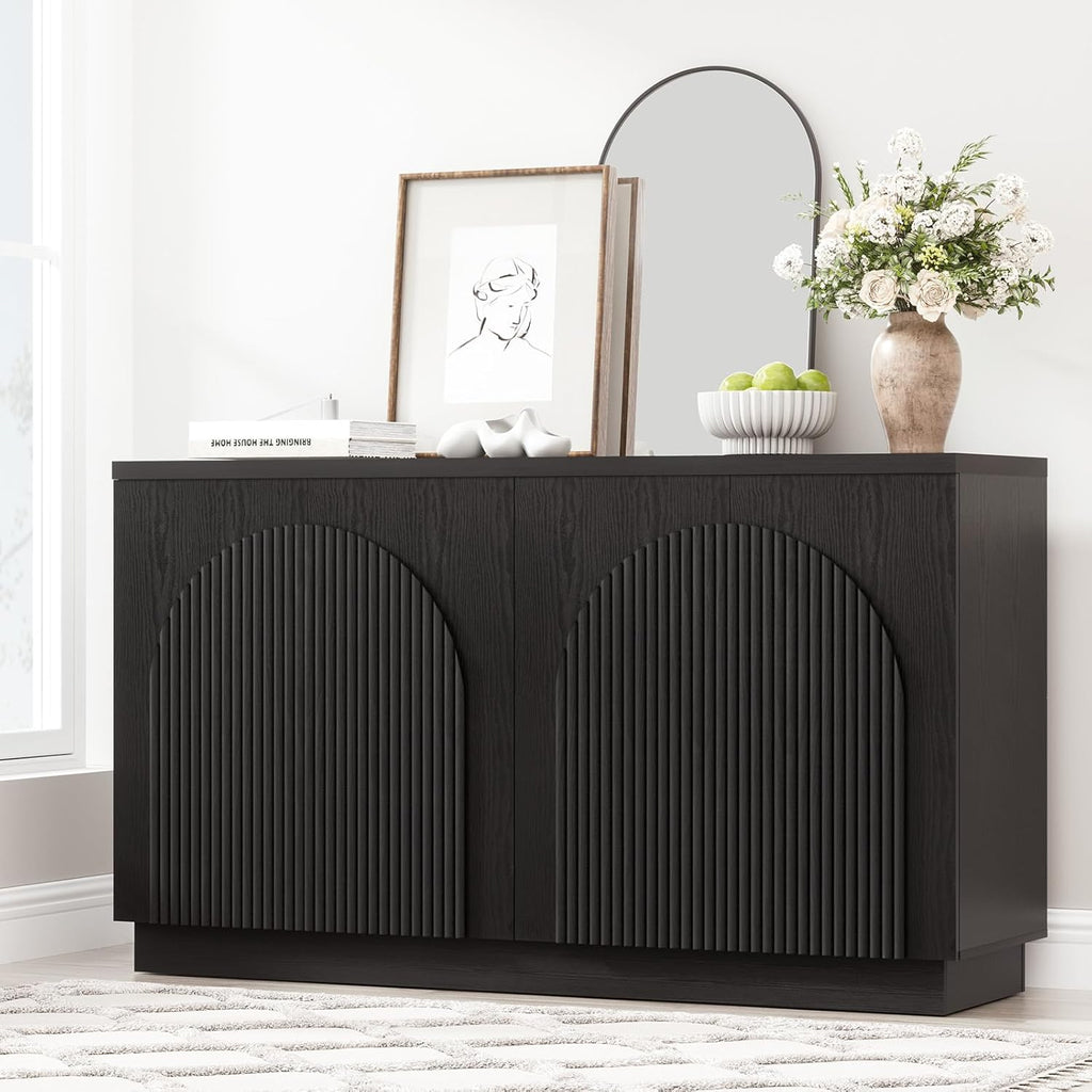 Yechen 55" Black Fluted Sideboard Buffet Cabinet with Arched Reeded Doors, Modern Mid Century Credenza Accent Storage Cabinet with Adjustable Shelves for Living, Kitchen, Entryway
