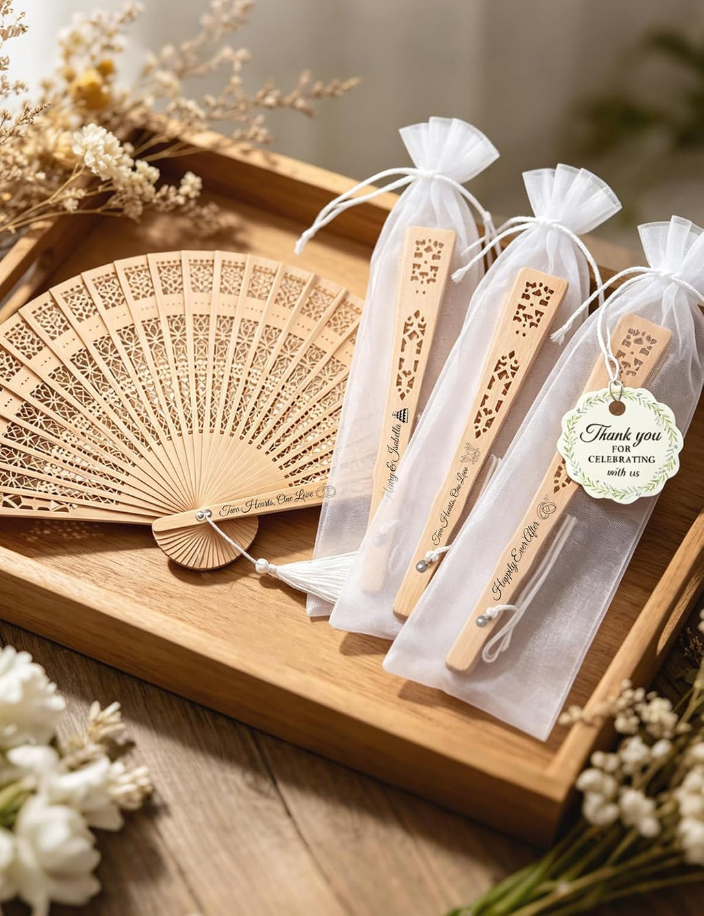 Personalized Fans for Wedding - Handheld Foldable Wooden Fans with Tassels and Organza Bags Custom Wedding Favors for Guests, Eco-Friendly Bulk Bridal Party Gifts (50)