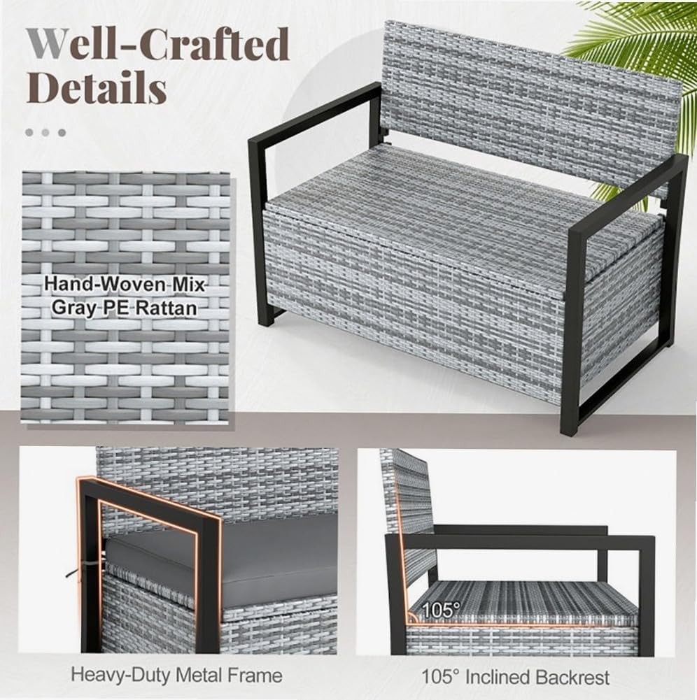 Gray Rustic Rattan Outdoor Storage Bench 40 Gal 800lb Load UV-Resistant 43.5in Seat Cushion Liner for Garden