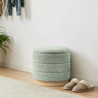 Round Storage Ottoman with Reversible Tray Lid, Folding Chenille Fabric Footrest with Hidden Storage, 15.4" Footstool for Small Spaces Living Room Bedroom, Wood Grain Base, Sage Green