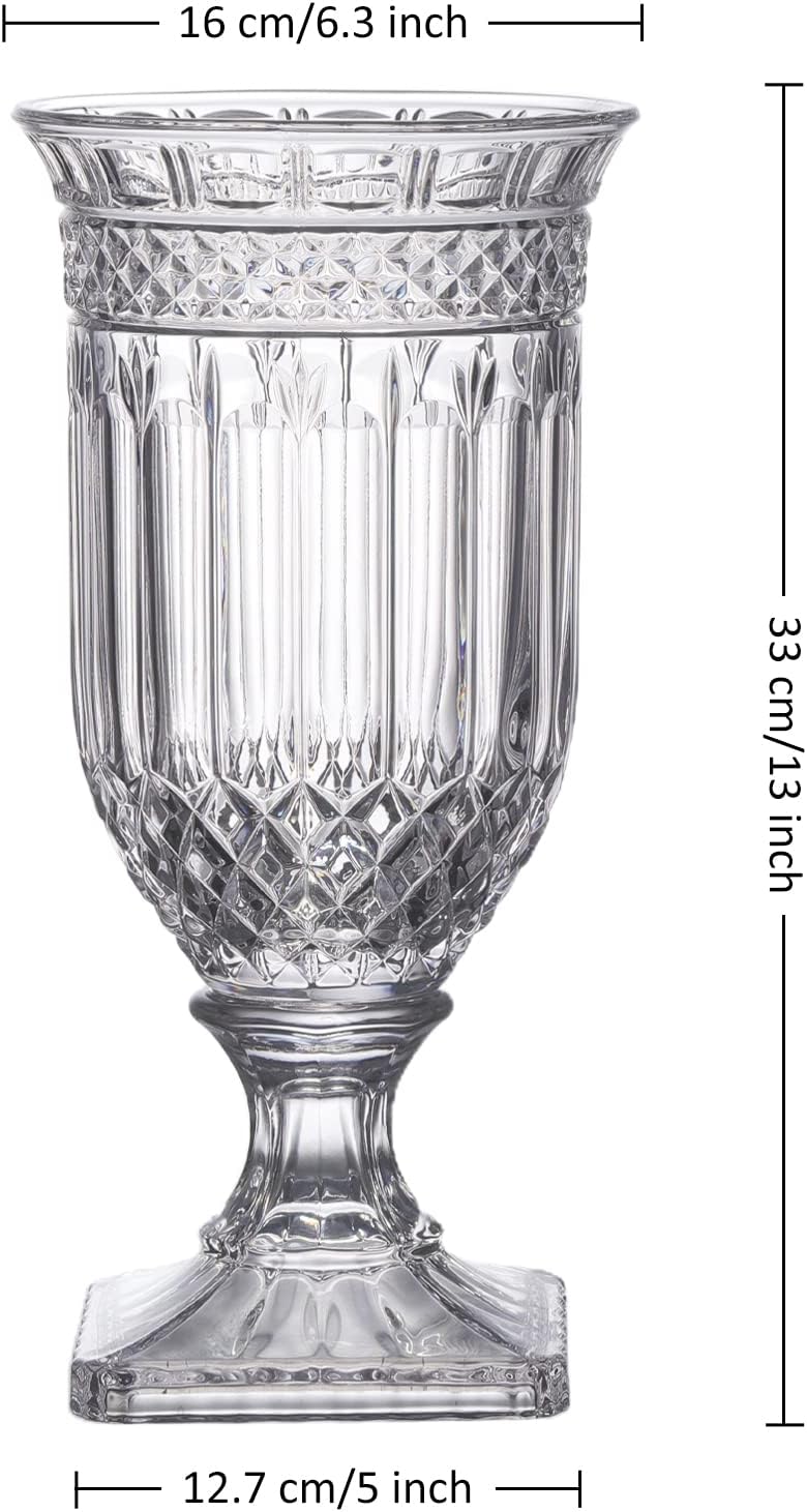 Joeyan 13" Glass Urn Vase,Tall Centerpiece with Ripple Diamond Pattern,Thickened Vase for Home, Wedding Parties