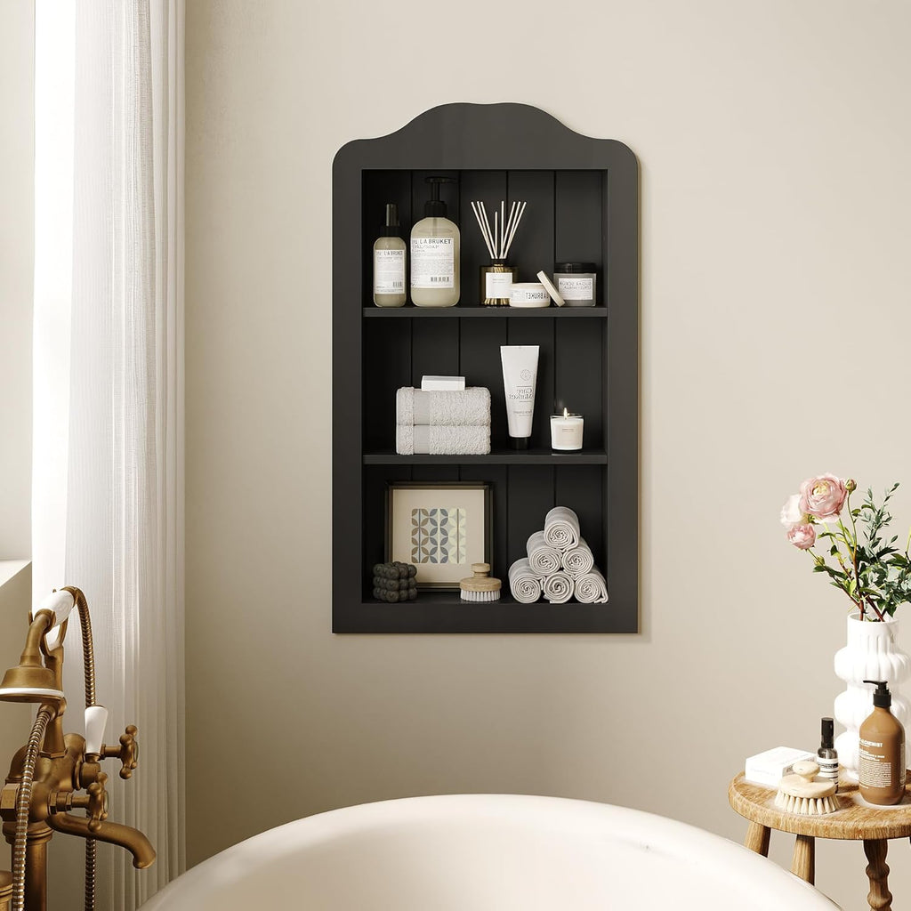 CJL 14'' x 24'' Victorian Recessed Medicine Cabinet, Solid Wood in-Wall Bathroom Cabinet, Wall Niche Shelf, 3-Tier, No MDF, Black