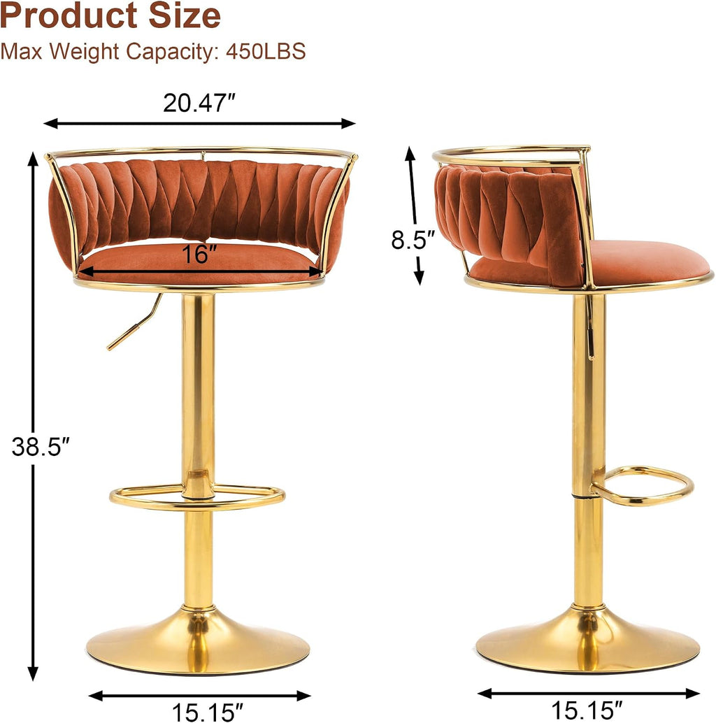 Velvet Swivel Bar Stools, Adjustable Counter Height Bar Chairs with Low Back & Footrest, Modern Gold Bar Stools for Kitchen Island, Bar Pub