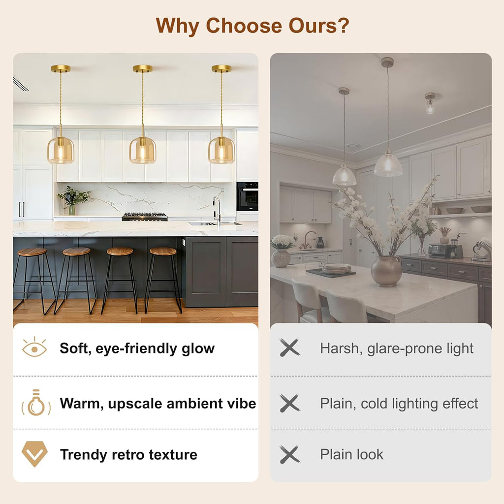 Pendant Lights Kitchen Island 2 Pack,Gold Pendant Lights with Glass Shade,Vintage Hanging Light Fixture Adjustable Cord for Kitchen,Dining Room,Hallway,Living Room,Foyer, Entryway