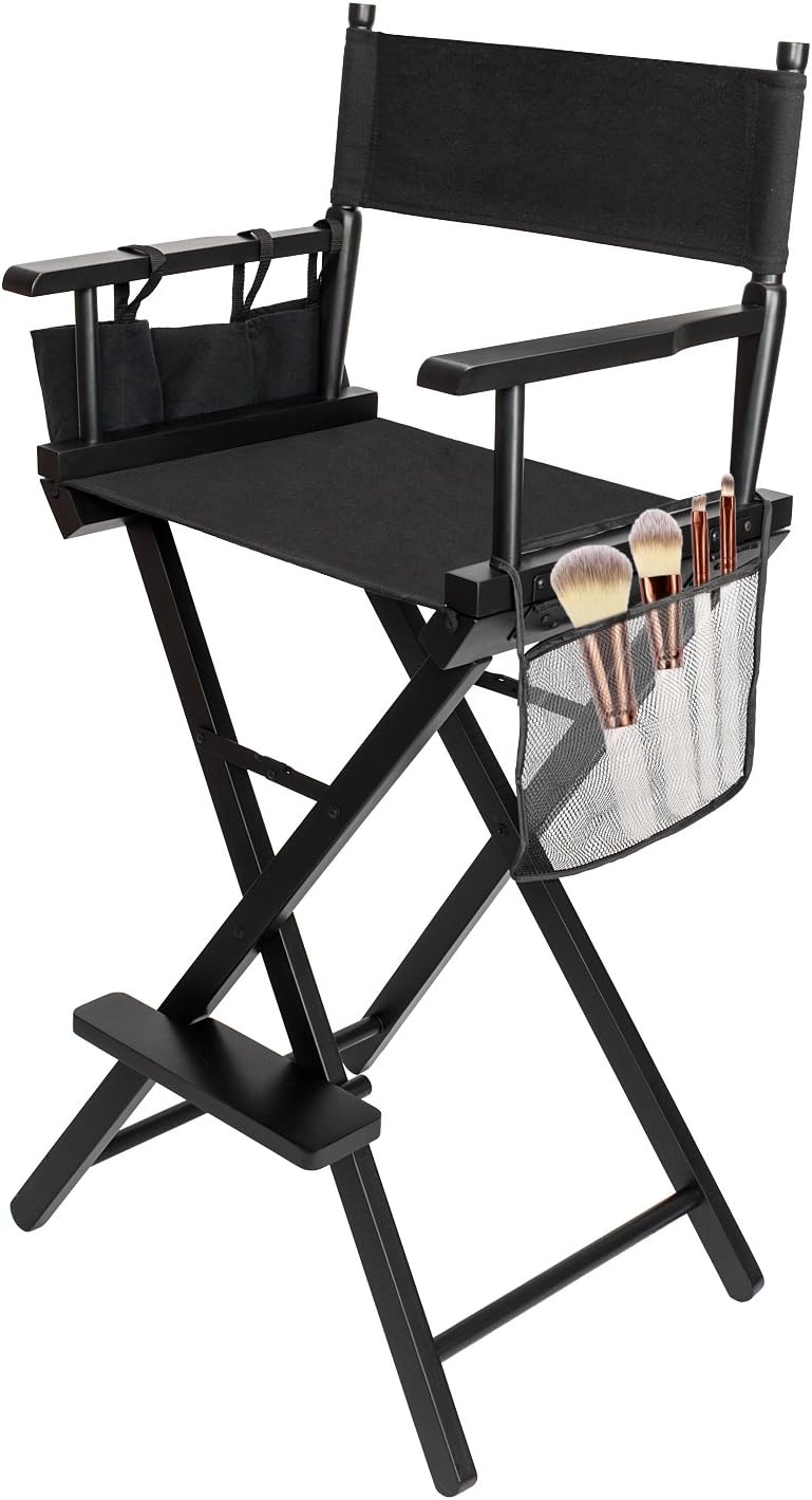 OmySalon Upgraded 31" Height Tall Director Chair Folding Artist Makeup with Replacement Cover Canvas, Storage Side Bags, Portable Footrest, Support 250 lbs,Solid Hardwood & Polyester Black