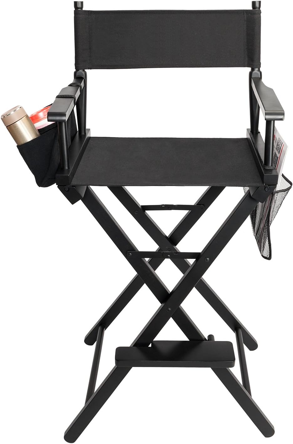 OmySalon Upgraded 31" Height Tall Director Chair Folding Artist Makeup with Replacement Cover Canvas, Storage Side Bags, Portable Footrest, Support 250 lbs,Solid Hardwood & Polyester Black