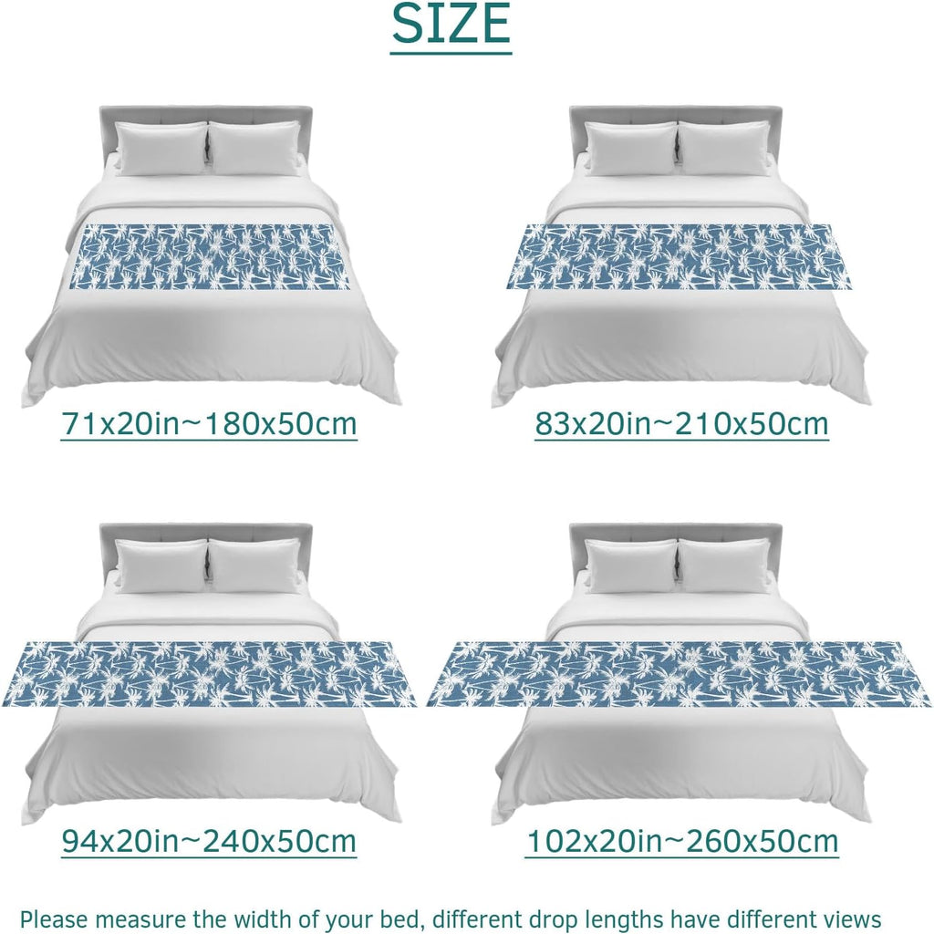Blue Palm Tree Bed Runners for Twin Size Bed, Summer Tropical Coastal Nautical Beach Silver Tree Leaf Bedding Scarf for Home Hotel Decorations, 71''x20''
