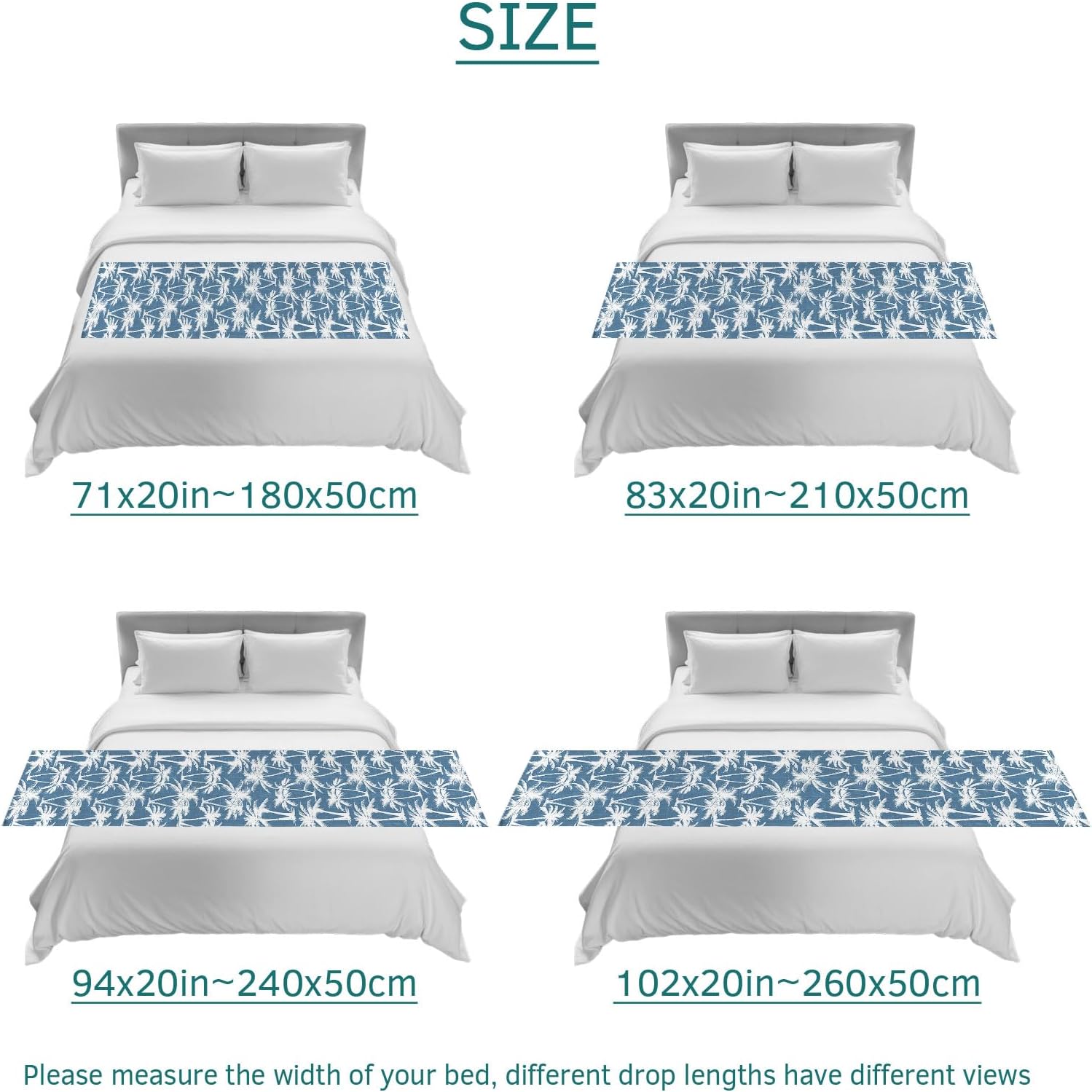 Blue Palm Tree Bed Runners for Twin Size Bed, Summer Tropical Coastal Nautical Beach Silver Tree Leaf Bedding Scarf for Home Hotel Decorations, 71''x20''