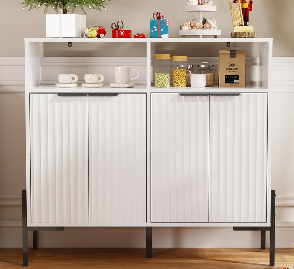 White Buffet Cabinet with Storage, Fluted Storage Cabinet with Doors & Adjustable Shelves, Solid Wood TV Stand Credenza for Kitchen Dining Room, 41"L x 14"D x 37"H Easy Assembly Kitchen Sideboard