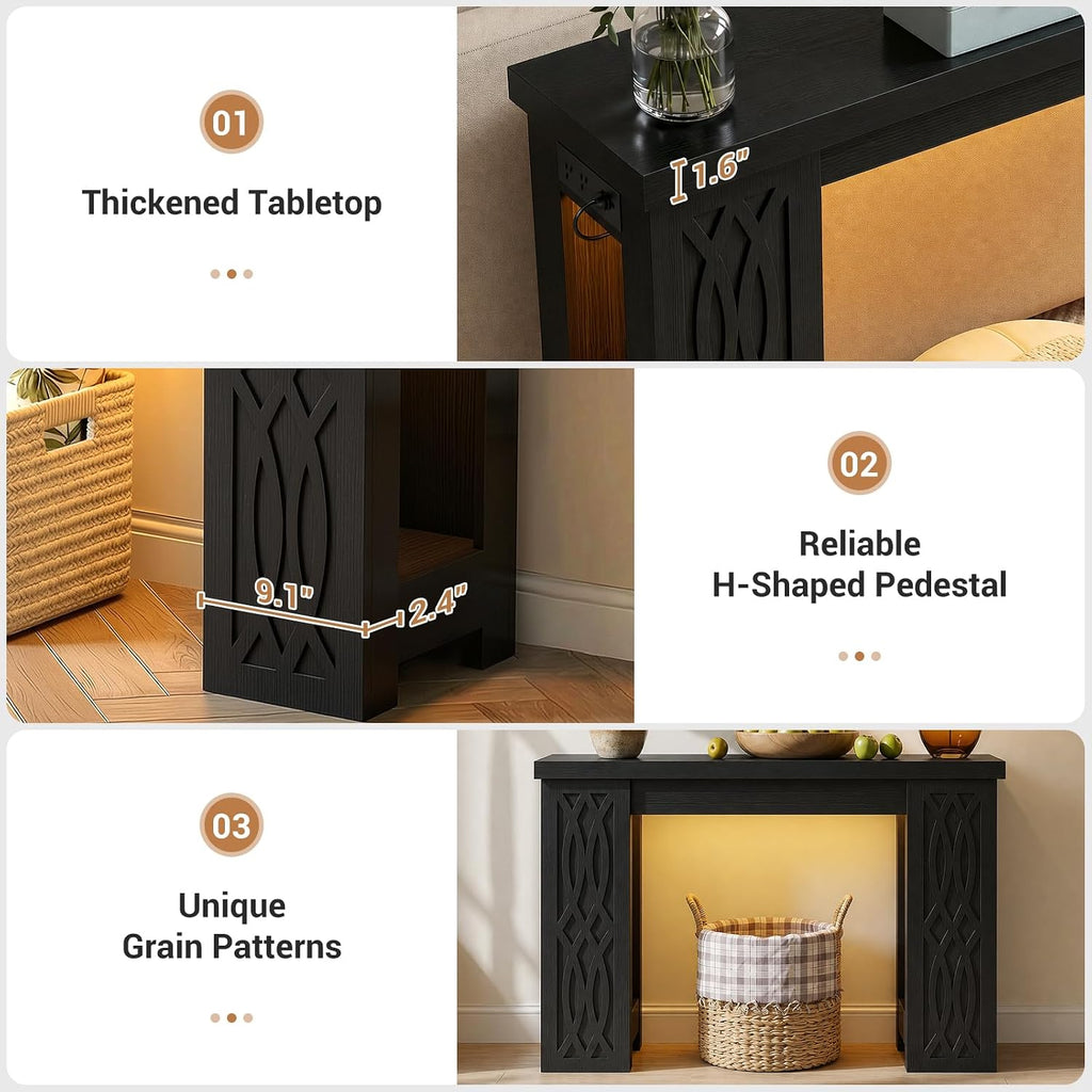 Cyclysio 39" Farmhouse Console Table with Charging Station, Entryway Table with Colorful LED Lights, Wooden Sofa Table with Unique Carved Design, Foyer Accent Table for Entrance, Hallway, Living Room