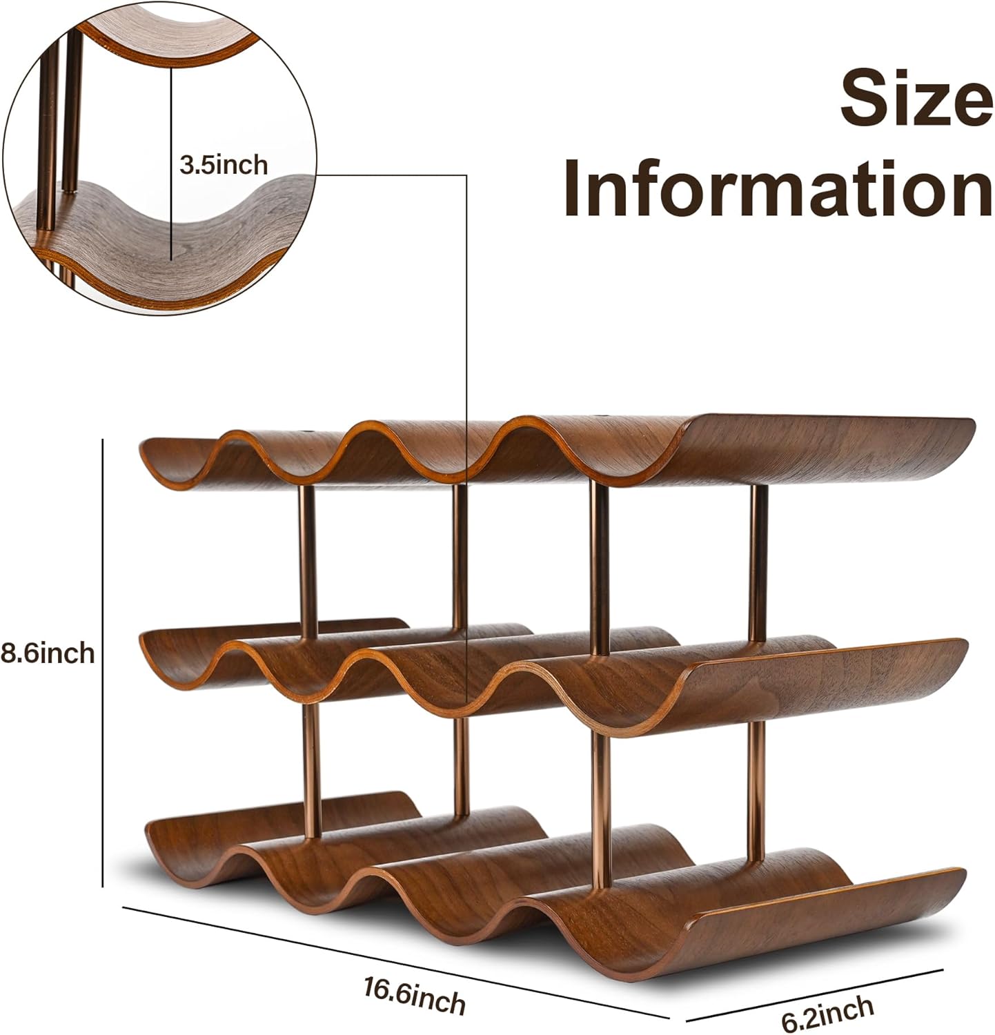 Countertop Wine Rack - 12 Bottle Freestanding Wine Bottle Holder Stand - 3 Tier Wooden Wine Storage Rack - Walnut Wavy Wine Organizer for Cabinet Pantry Home Kitchen Bar