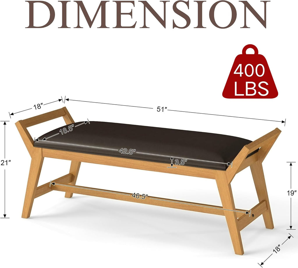 51" End of Bed Bench, Entryway Bench with Solid Wood Frame Fabric Ottoman Bench for Bedroom/Entry/Living Room, PU Leather Black