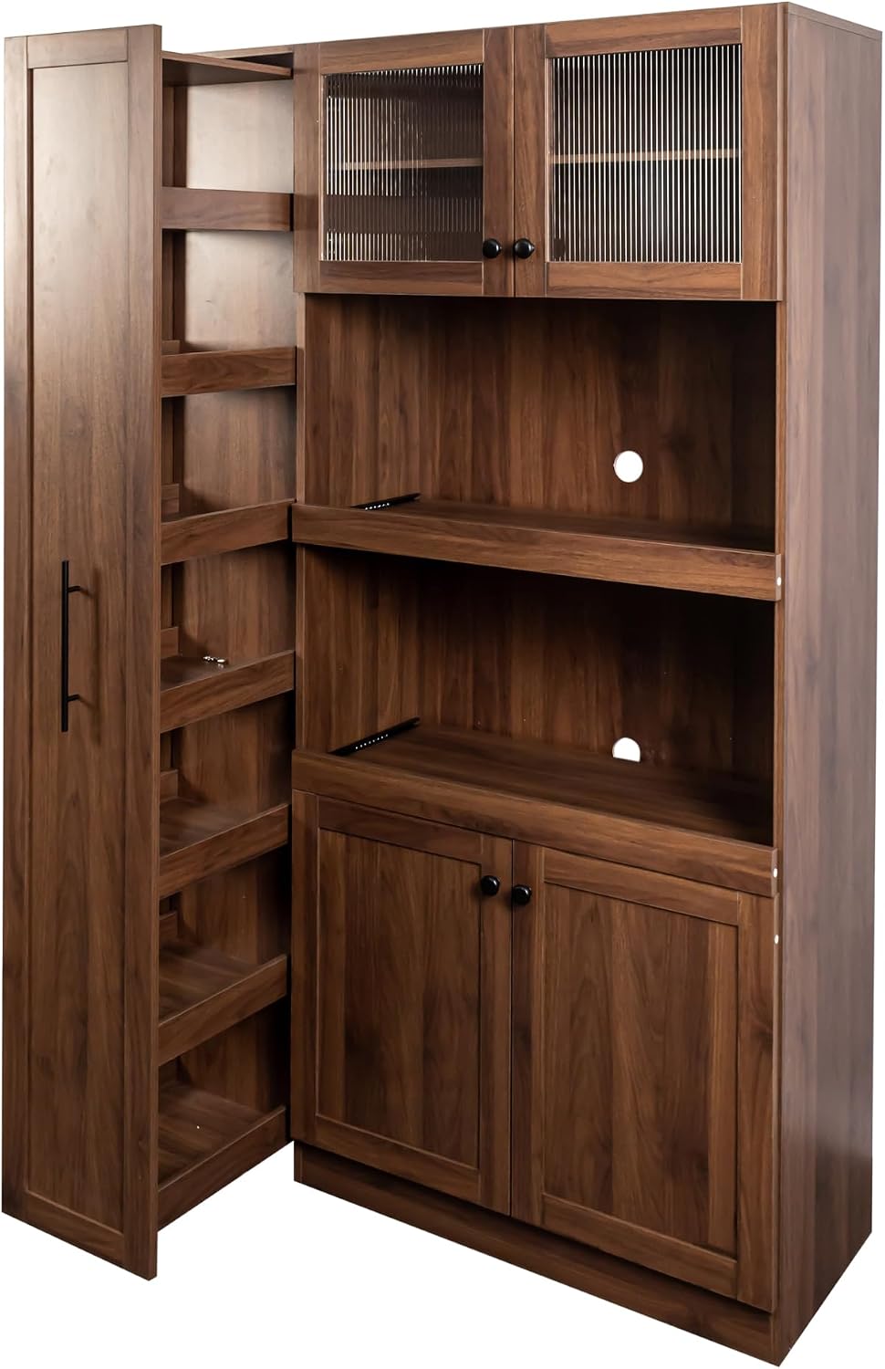 LUMISOL Farmhouse Kitchen Hutch with Pull-Out Multi-Tier Storage Shelf, with 4 Doors, Kitchen Pantry Cabinet Storage Cabinet for Living RoomDining Room, Walnut