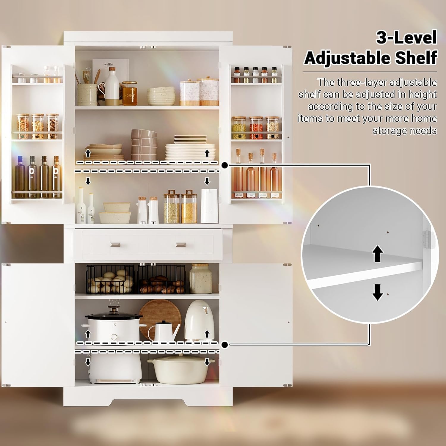 Kitchen Pantry Cabinet,72” High Freestanding Tall Cupboard Storage Cabinet with 4 Doors and 1 Drawer, 2 Adjustable Shelves and 6 Door Shelves, for Kitchen, Dining Room, Living Room, White