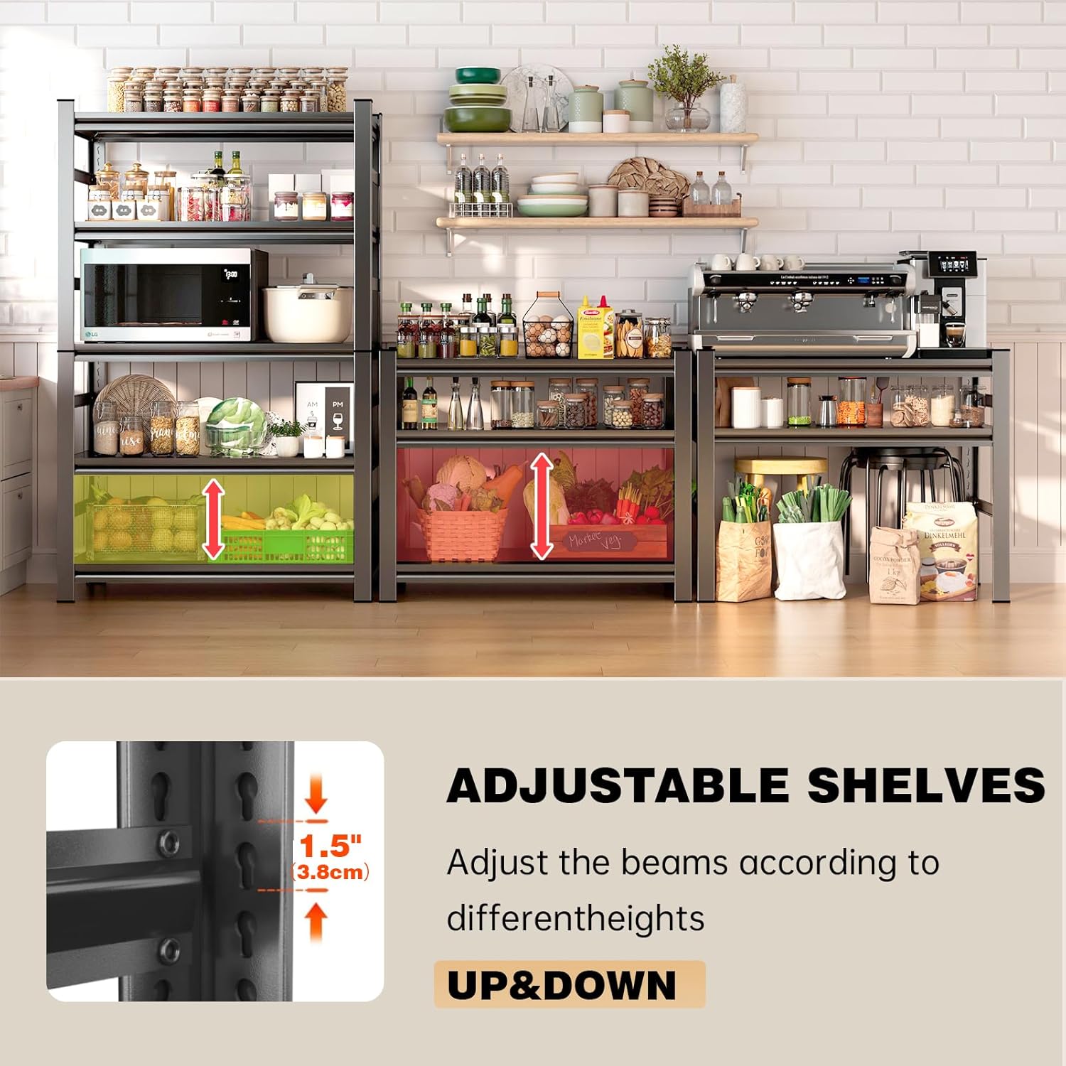 5-Tier Kitchen Storage Shelves, 2500LBS Heavy Duty Garage Metal Shelving Unit, 72" H Adjustable Pantry shelves, Industrial Storage Rack, Microwave Stand & Bakers Rack for Home Office, Garage - Black