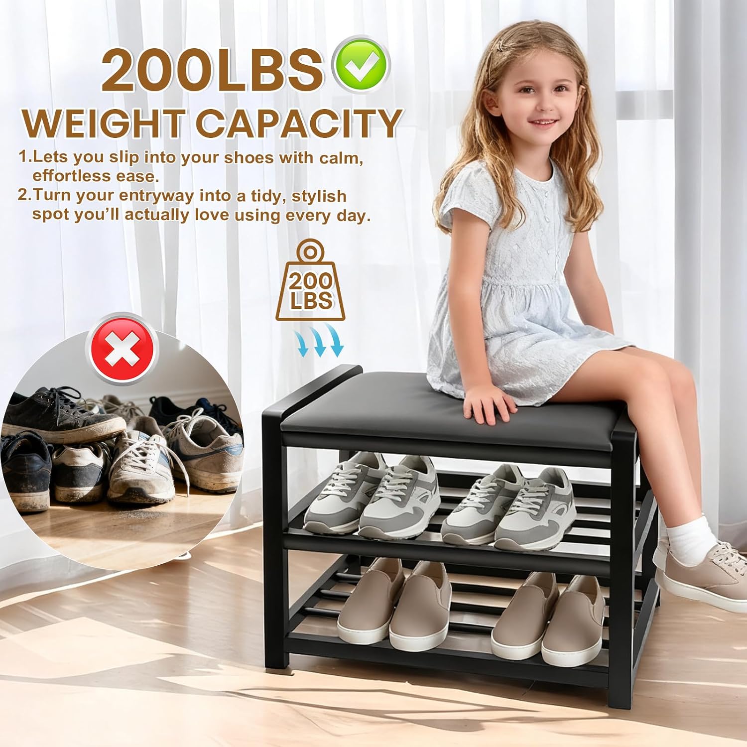 Small Shoe Rack Bench, Shoe Storage Bench for Entryway, Stable Shoe Organizer for Entryway, Bench Seat Holds Up to 300 lb Storage Organizer, (17"x 10"x 16", L x W x H)