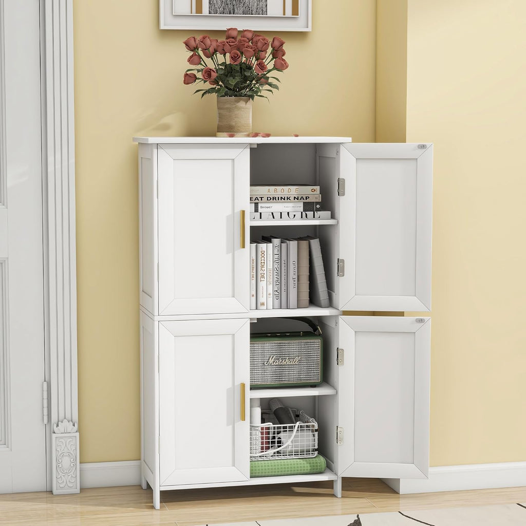 Bathroom Storage Cabinet, Bathroom Floor Cabinet Freestanding Organizer with Adjustable Shelves for Bathroom Laundry Room,4 Doors, Black