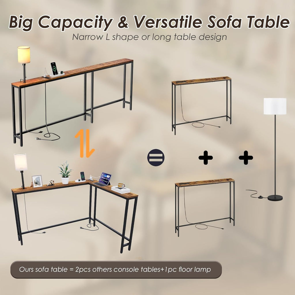 X-cosrack 78.8" Long Narrow Sofa Table with Outlet & LED Bulb, L Shaped Skinny Corner Console Table Behind Couch, Slim Sofa Table wtih 3 Color Light for Living Room, Bedroom, Entryway, Rustic Brown