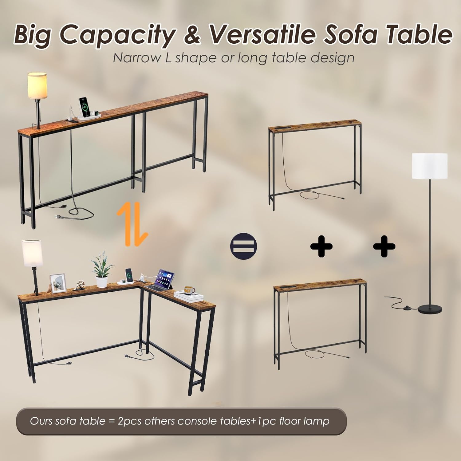 X-cosrack 78.8" Long Narrow Sofa Table with Outlet & LED Bulb, L Shaped Skinny Corner Console Table Behind Couch, Slim Sofa Table wtih 3 Color Light for Living Room, Bedroom, Entryway, Rustic Brown